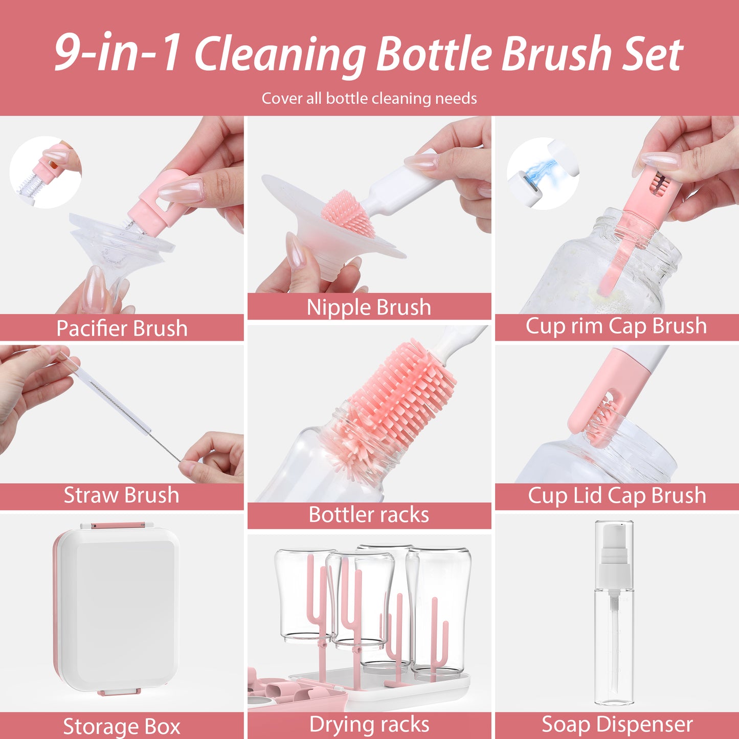 Minikid Baby Bottle Brush Set, 9-in-1 Portable Travel Bottle Cleaning Kit, BPA-free, Compact Travel Baby Essential for Home & On The Go, Pink