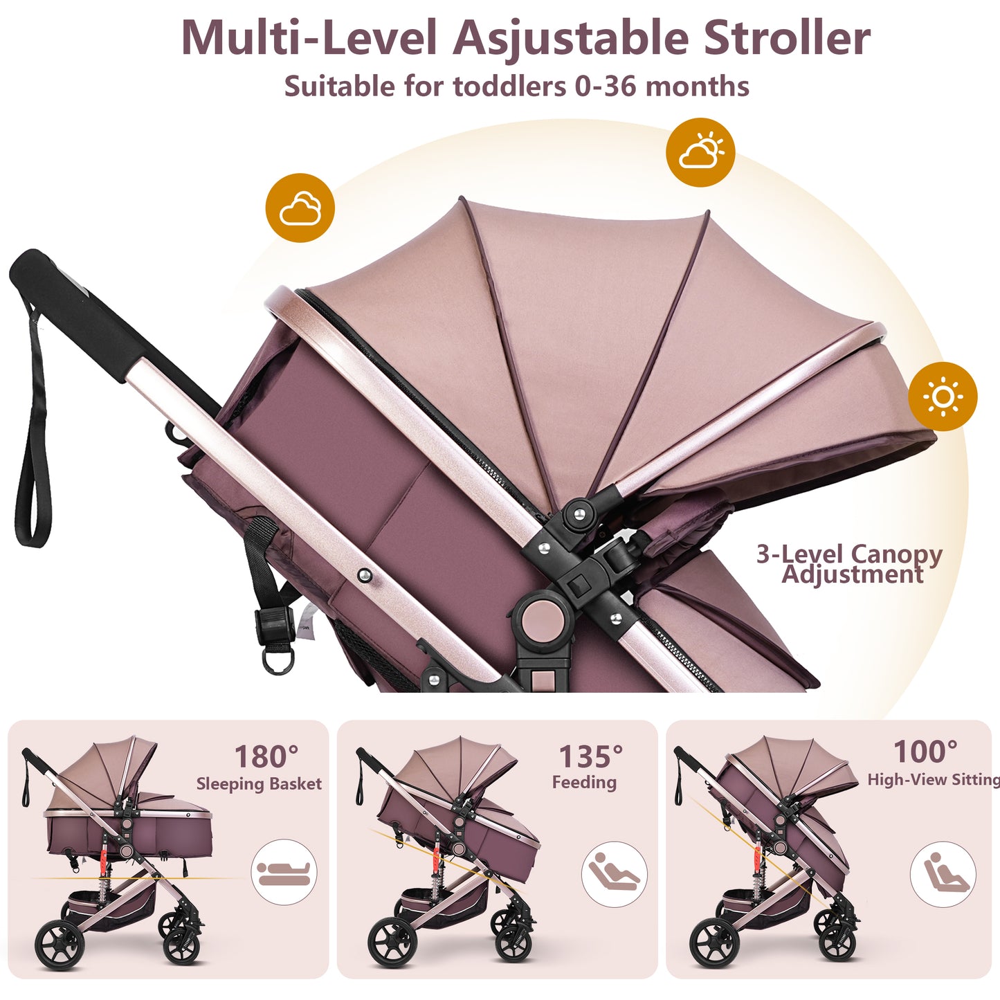 Welbabel Convertible Baby Stroller,Foldable Coches Para Bebes,Travel Stroller with Adjustable Canopy,Removable Footmuff, Adjustable Backrest,Newborn Bassinet Pram for 0-36 Months Baby,Brown