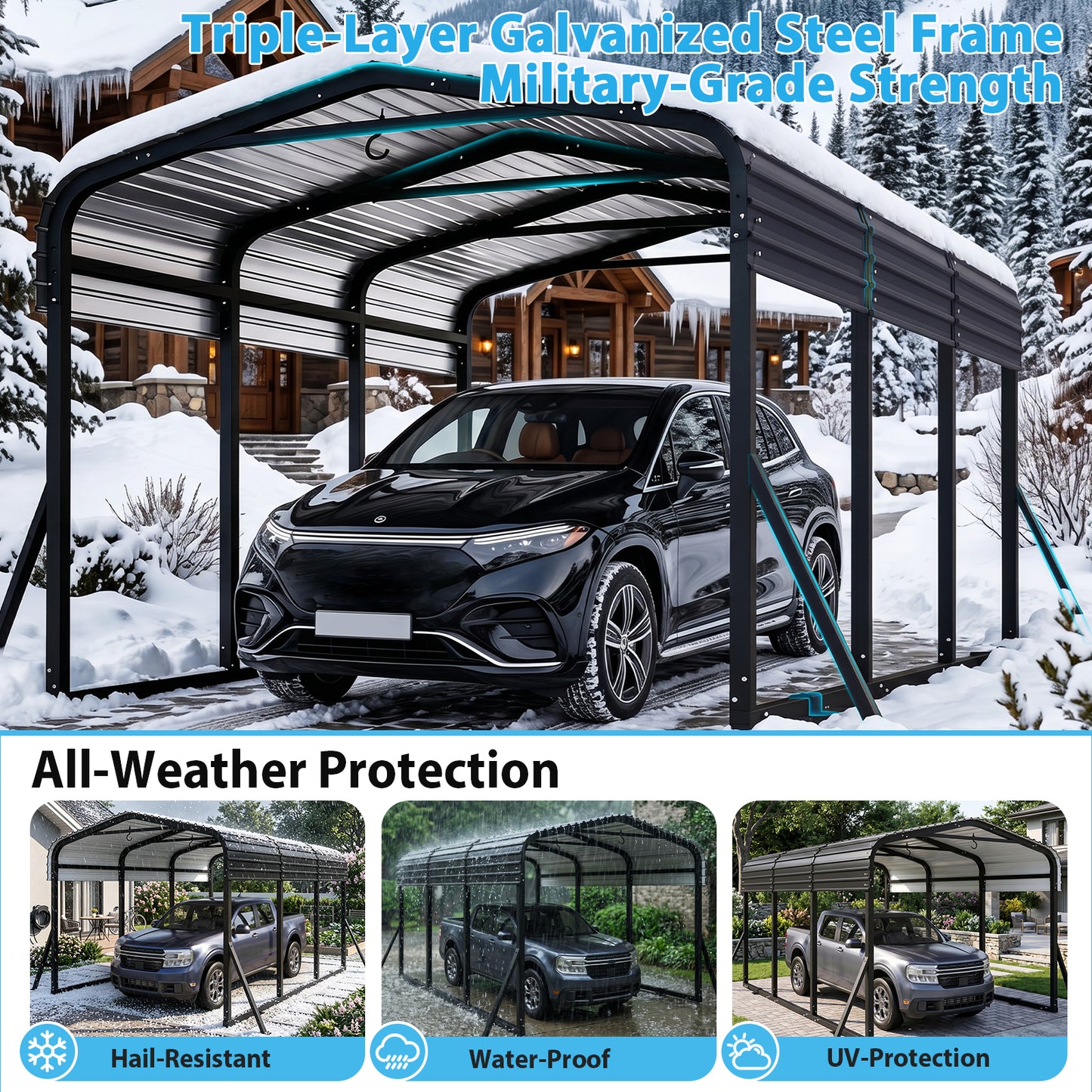 Cocosity 10x15 FT Outdoor Metal Hardtop Carport with All-Weather Galvanized Steel Roof, Multi‑Use Heavy Duty Car Shelter with Reinforced Ground Anchors for Cars, Boats, Tractor, Black
