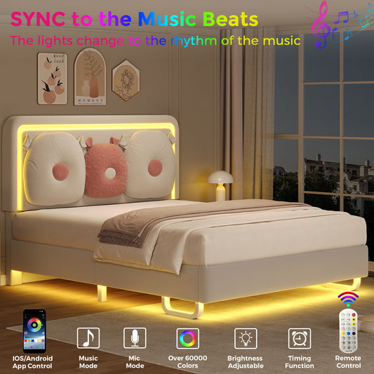 Anyact Queen Bed Frame with LED Lights, Height Adjustable Headboard, Floating Platform Bed with Teddy Velvet Removable Pillow for Bedroom, Solid Wood Slats Support, Beige/Pink