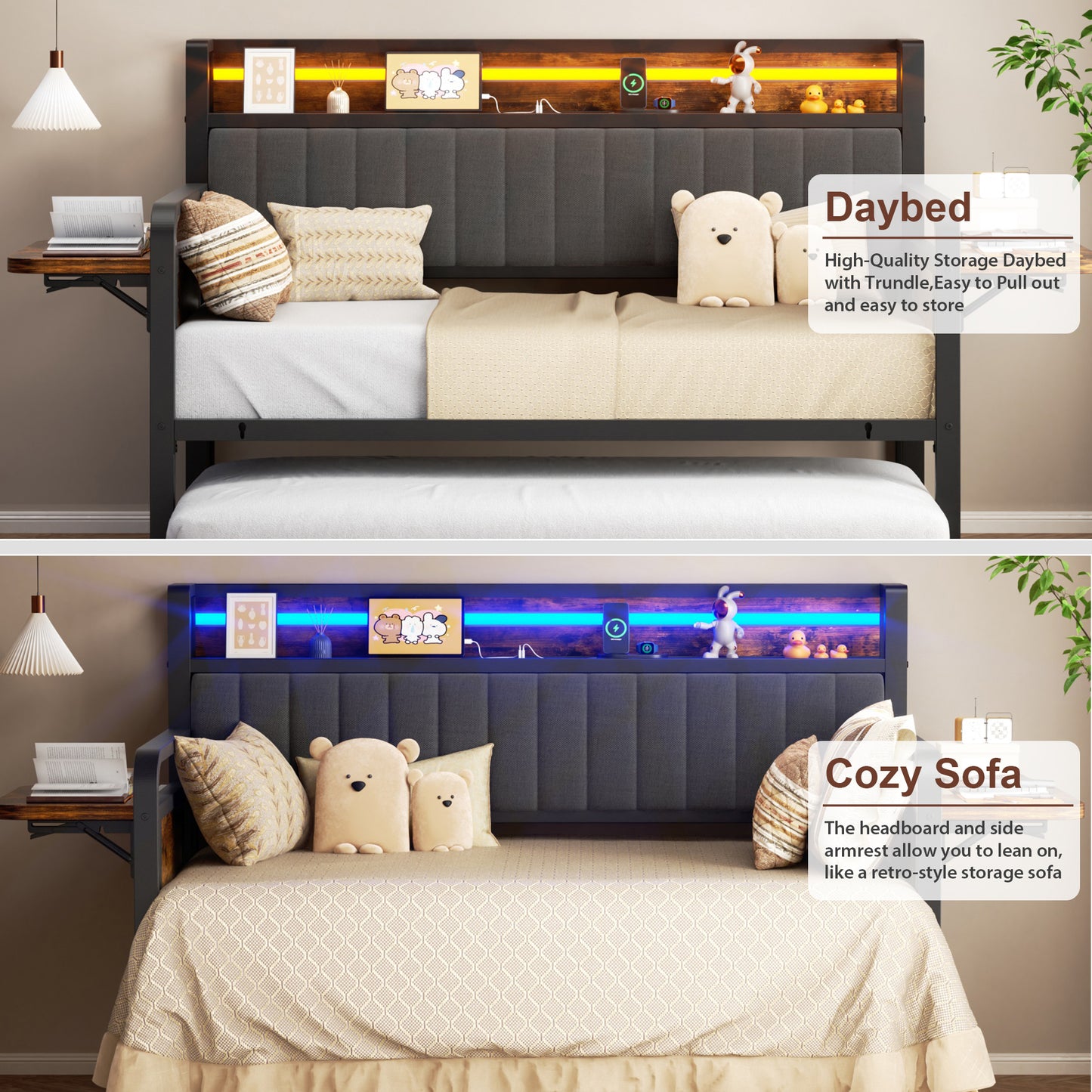 Hijob Daybed with Side Table/Charging Station/Upholstered Storage Headboard/LED Light/Pop-upTrundle, Industrial Heavy Duty Metal Twin Sofa Bed Frame for Guest Living Room/Bedroom,Black&Brown