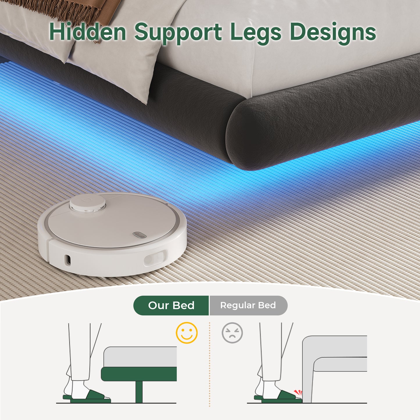 Anyact Full Size Floating Bed Frame with Led & Charging Station, Velvet Upholstered Bed Frame with Floating Metal Platform Bed, Black