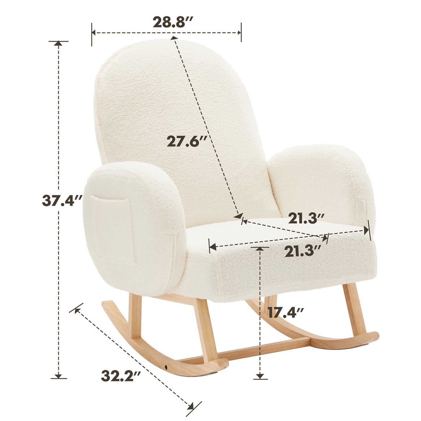 Nifamembo Teddy Nursery Rocking Chair with Solid Wood Legs, Glider Chair with Two Side Pockets for Living Room