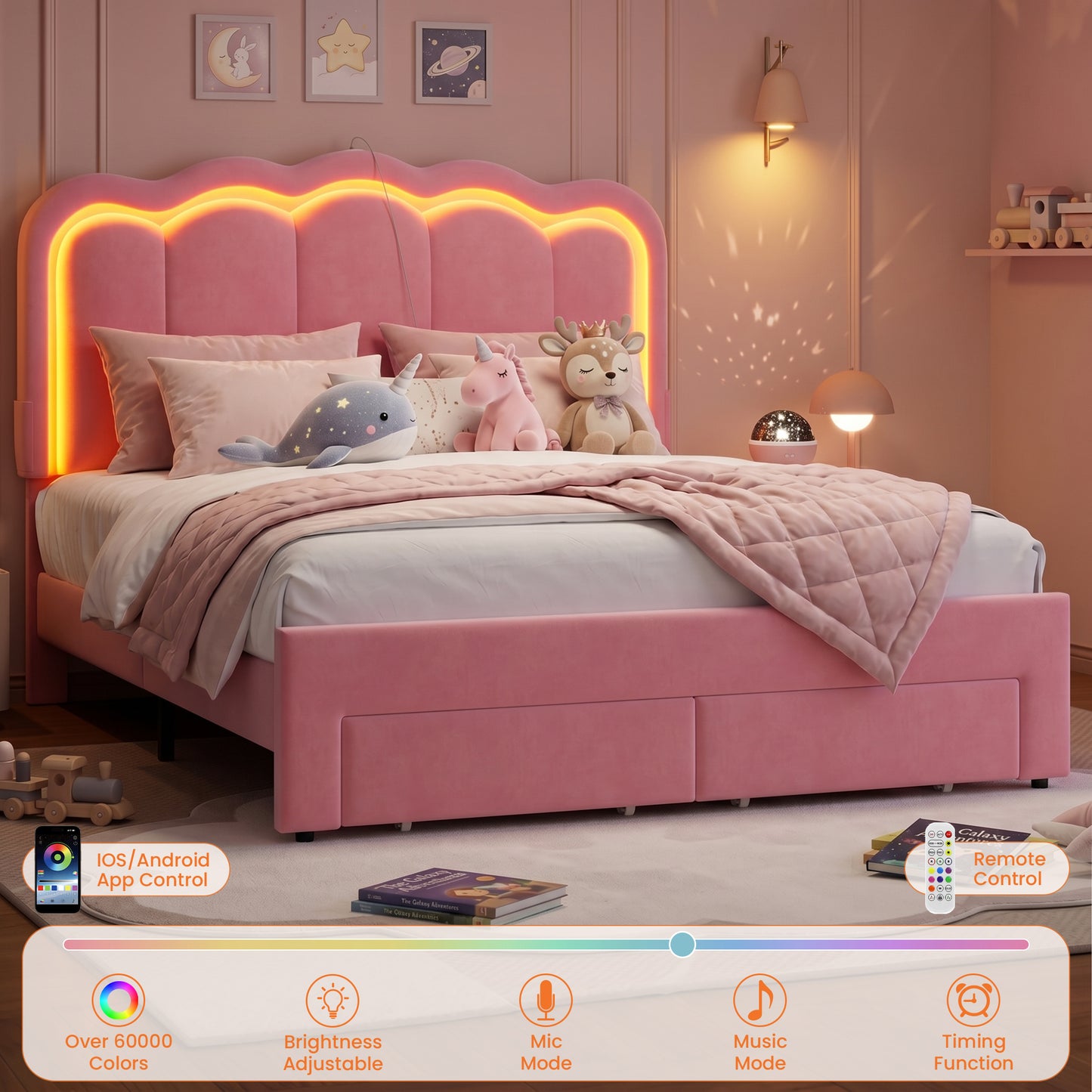 Hijob Full Size LED Bed Frame with Storage Drawers, Velvet Upholstered Platform Bed with Adjustable Headboard, No Box Spring Needed, Pink