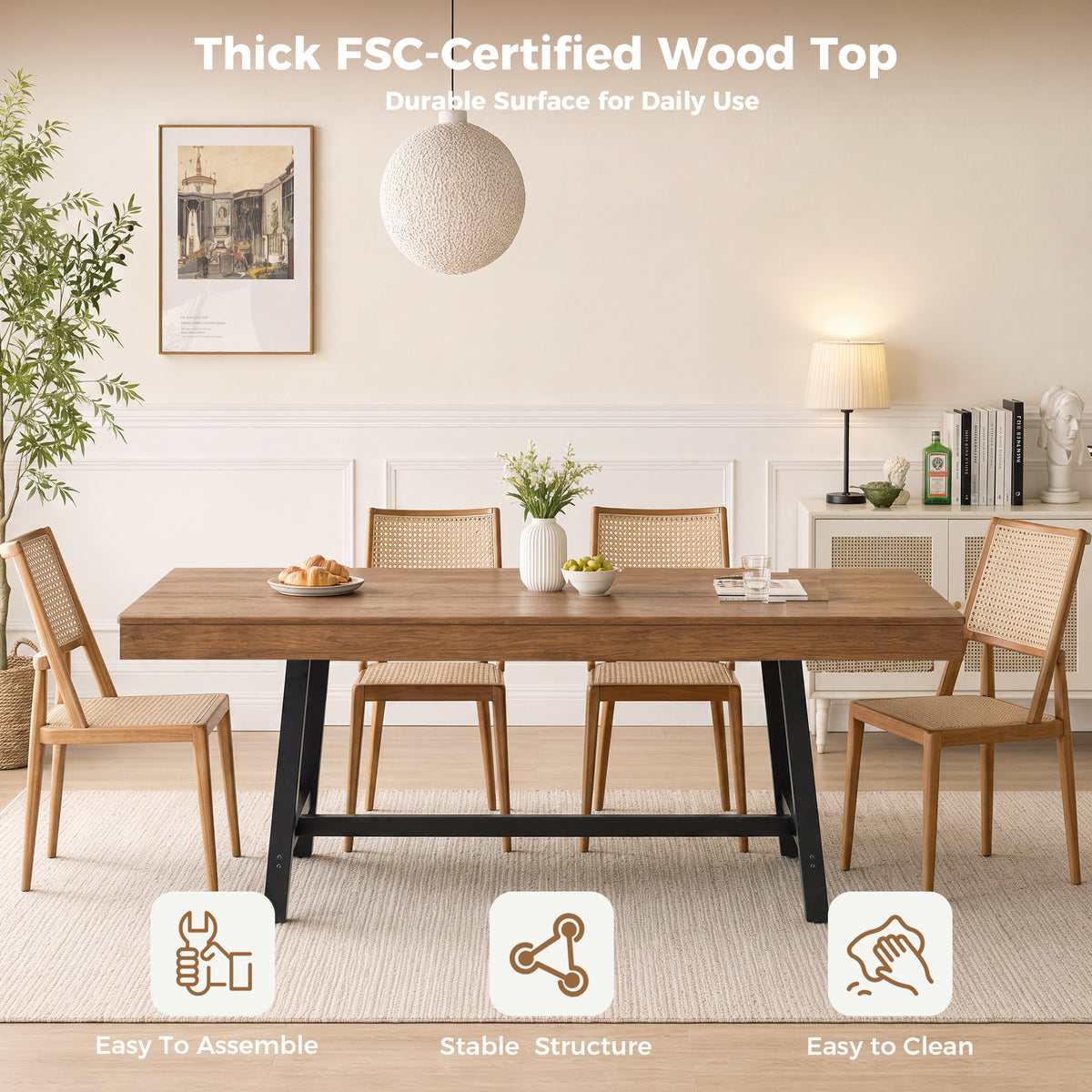 HiJob 71" Dining Table for 6-8 People with 2 Storage Drawers, 3.94" Thickened Tabletop, Modern Farmhouse Rectangular Wood Kitchen Table, Walnut Finish