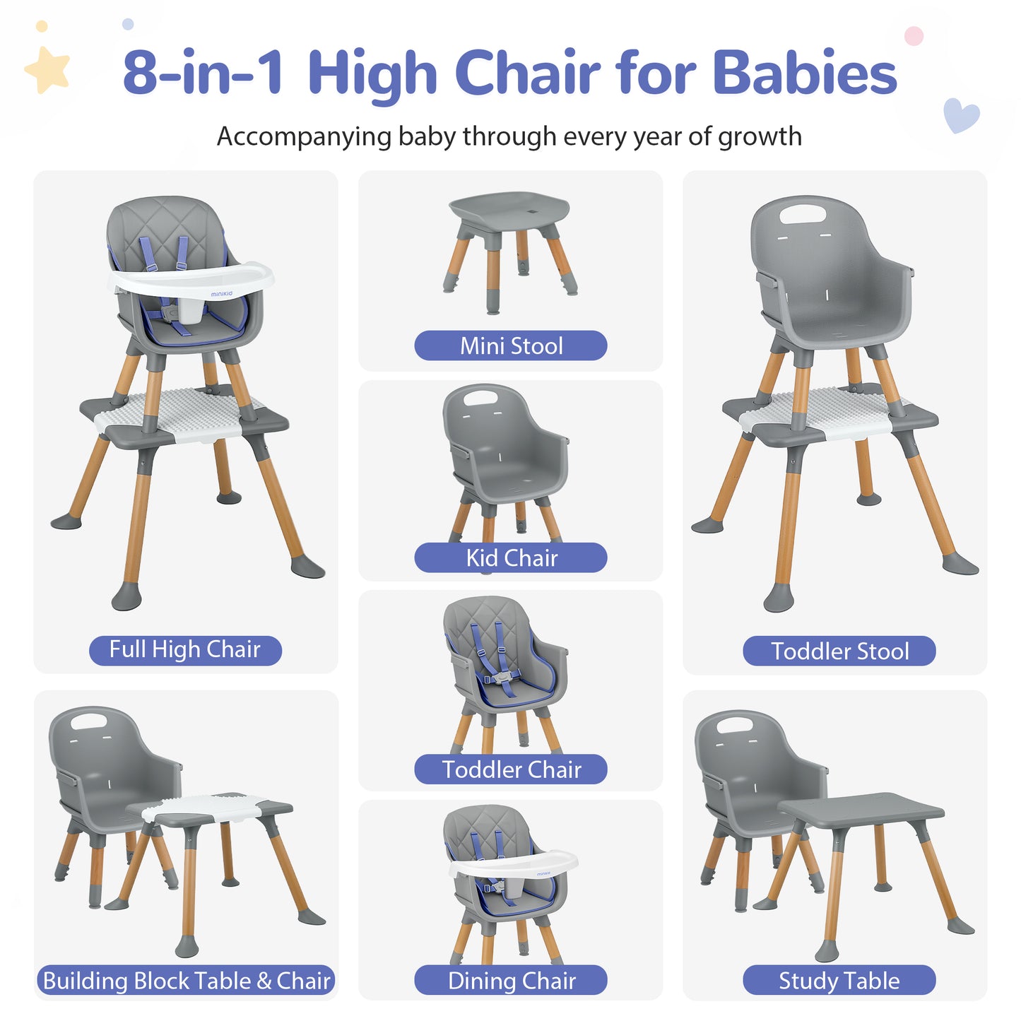 Minikid Wooden Baby High Chair with Removable Tray, 8 in 1 Convertible Feeding Highchair for Toddlers,Gray
