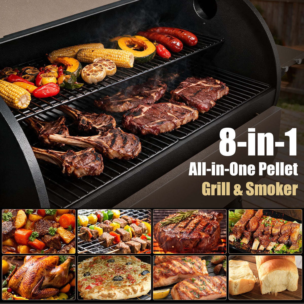 Vipuse 850 Sq. In Electric Wood Pellet Grill Smoker with Cover, Outdoor BBQ Grill with PID Auto Temperature Control, APP Control, Dual Meat Probes and 20LBS Hopper