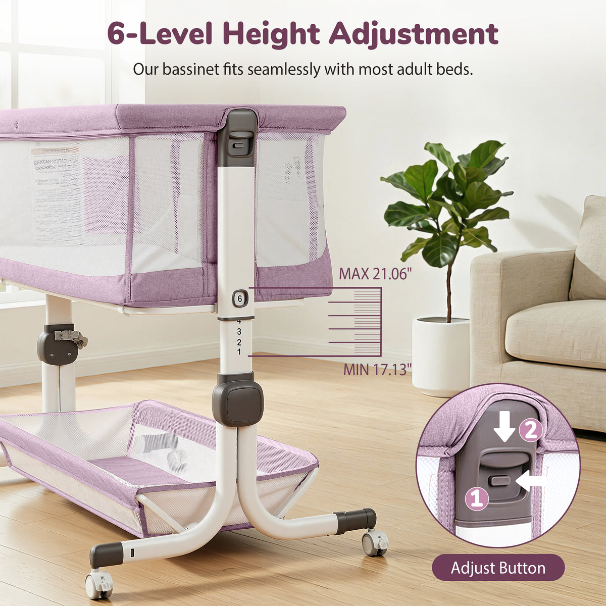 Vipuse 3-in-1 Baby Bassinet Bedside Sleeper, 6 Height Adjustments, Full Mesh Breathable, Portable Newborn Baby Crib with Storage Basket, Pinkish Purple