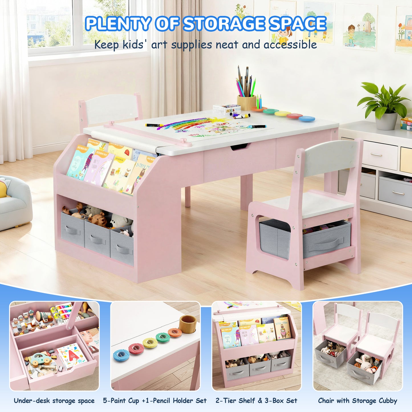 Hijob 5-in-1 Kids Art Table & Chair Set – Convertible Easel with Paper Roll Holder, Storage Drawers & Foldable Craft Desk, Toddler Activity Learning Center for Playroom, Pink