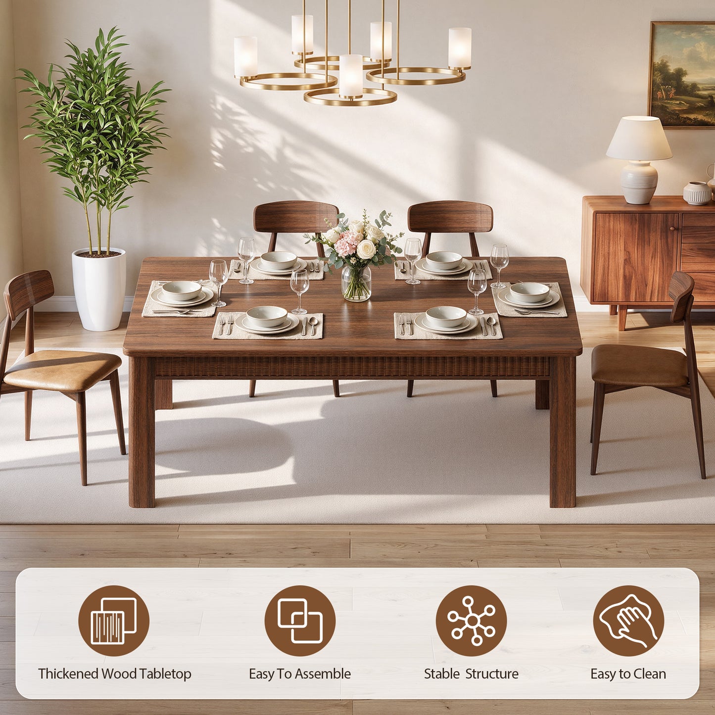 HiJob 70" Dining Table for 6-8 People, Fluted Modern Farmhouse Kitchen Table with 35.5" Extra-Wide Tabletop, Large Rectangular Wood Dining Table, Walnut Finish