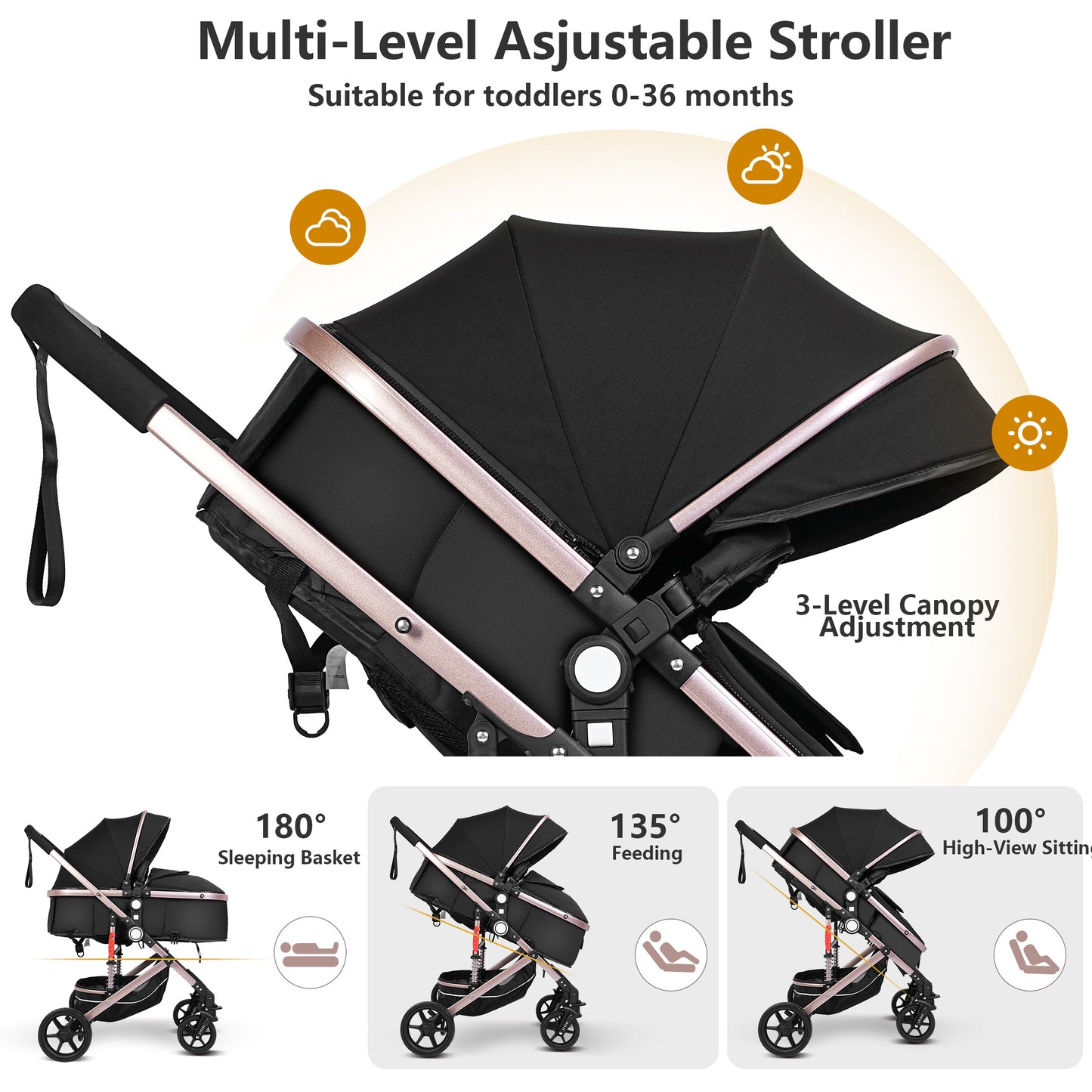 Welbabel Coches Para Bebes,Foldable Baby Stroller Reversible Bassinet,Mom Push Stroller with Adjustable Canopy,Removable Footmuff, Adjustable Backrest,Toddler Stroller for 0-36 Months Baby,Black