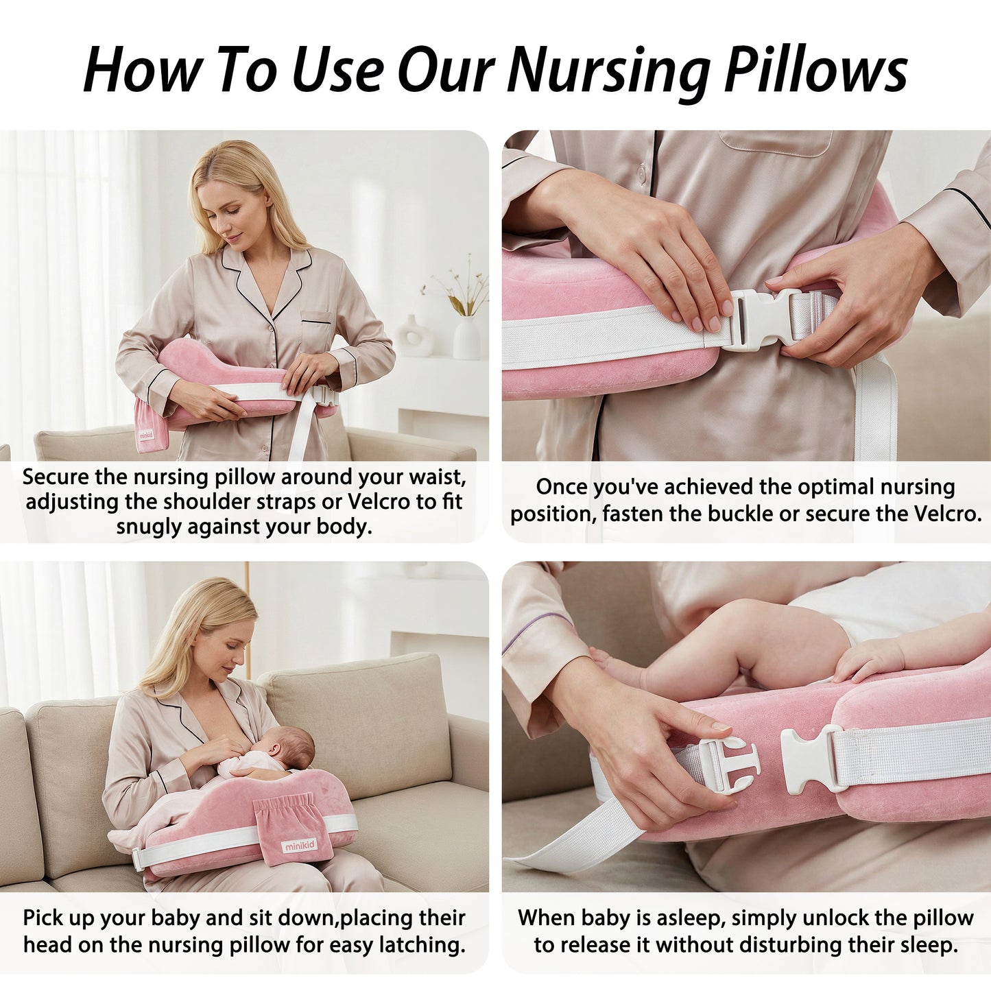 Vipuse Nursing Pillow for Breastfeeding,60D Firm Memory Foam, Ergonomic Design with Lumbar & Arm Support, Safety Fence, Adjustable,Safe and Comfortable Feeding,Pink