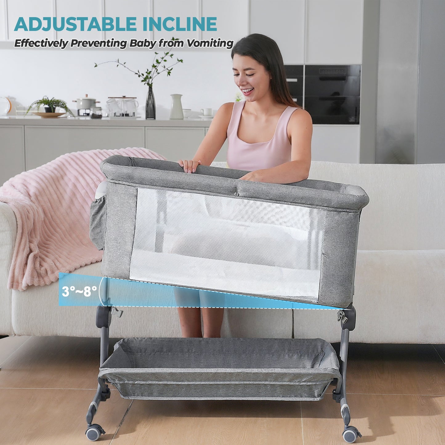 Anyask Baby Bedside Bassinet, 6 Height Adjustable Crib with Mosquito Net&Storage&Lockable Wheels for Infants, Light Grey