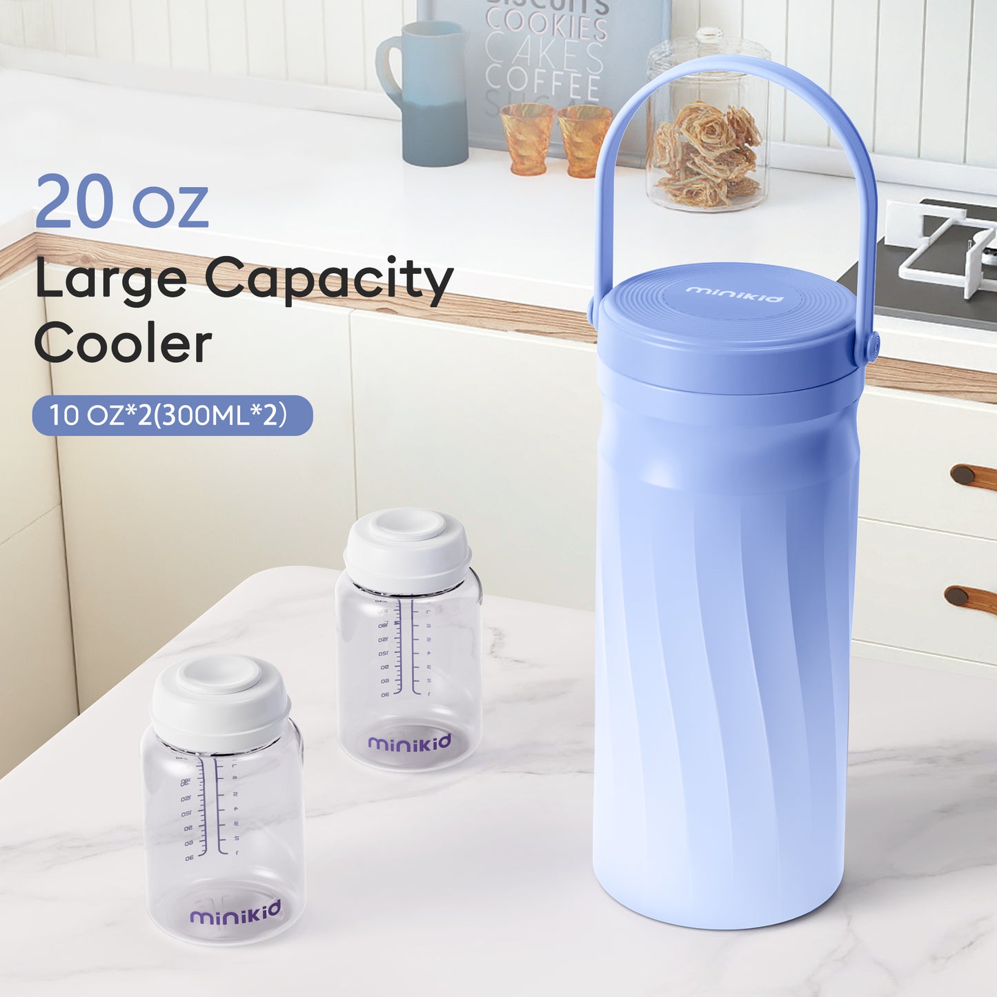 Minikid Portable Breast Milk Cooler,24H+ Extended Outdoor Cooling,20 OZ Travel Breastmilk Chiller with 2Pcs Baby Bottles for Breastmilk Storage,Blue-Purple