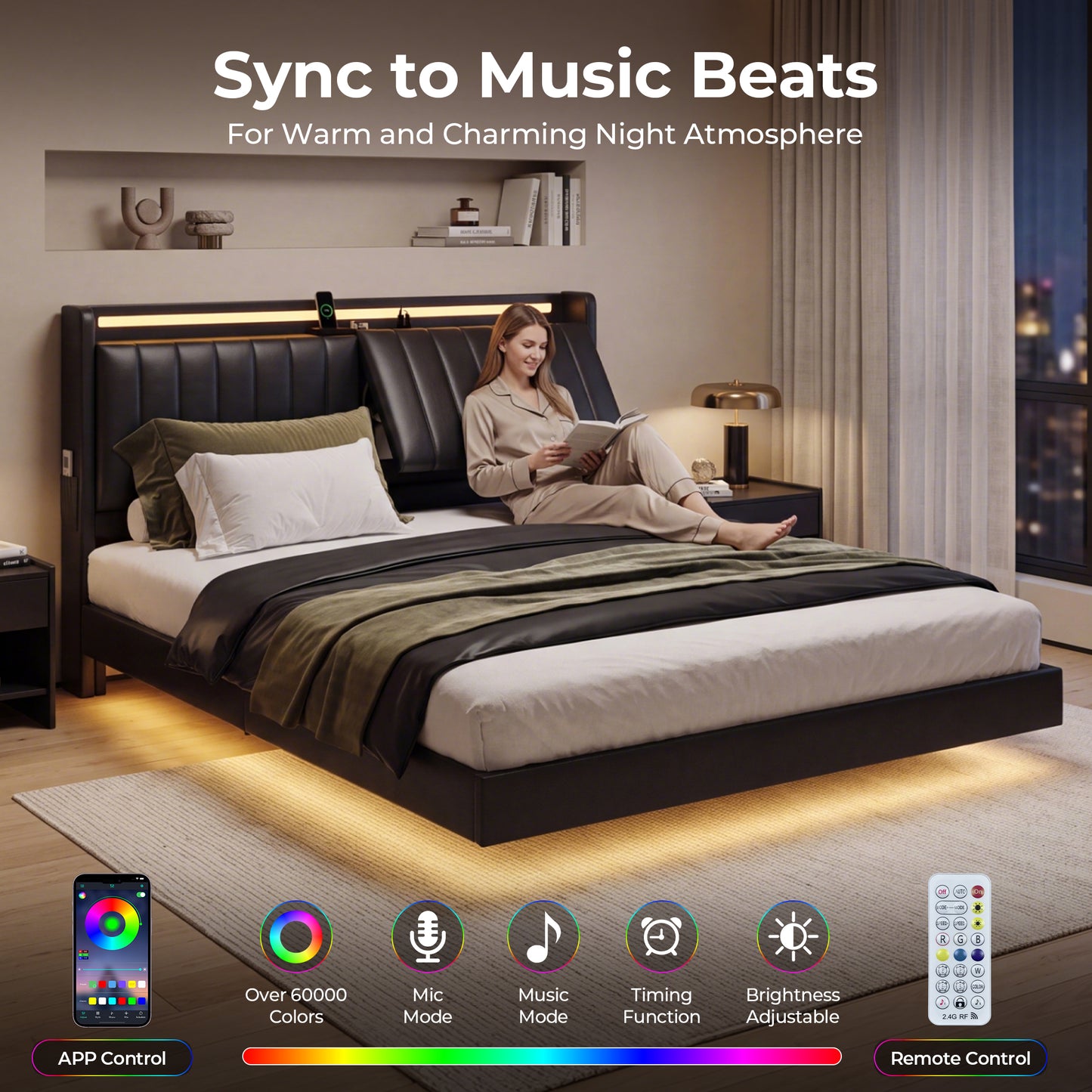 HiJob Queen Size Floating Bed Frame with Reclining PU Leather Storage Headboard, 3 Adjustable Positions, RGB LED Lights, Charging Station, Heavy Duty Platform Bed
