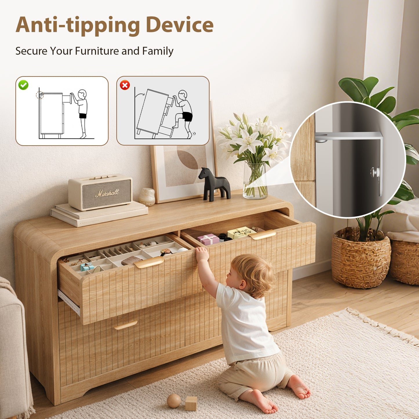 Anyact Modern 6 Drawers Dresser for Bedroom, 47.3" Long Dressers with Metal Handle w/Curved Profile Design, Wood Mid Century Vertical Dresser w/Natural Texture for Bedroom, Living Room, Natural Oak