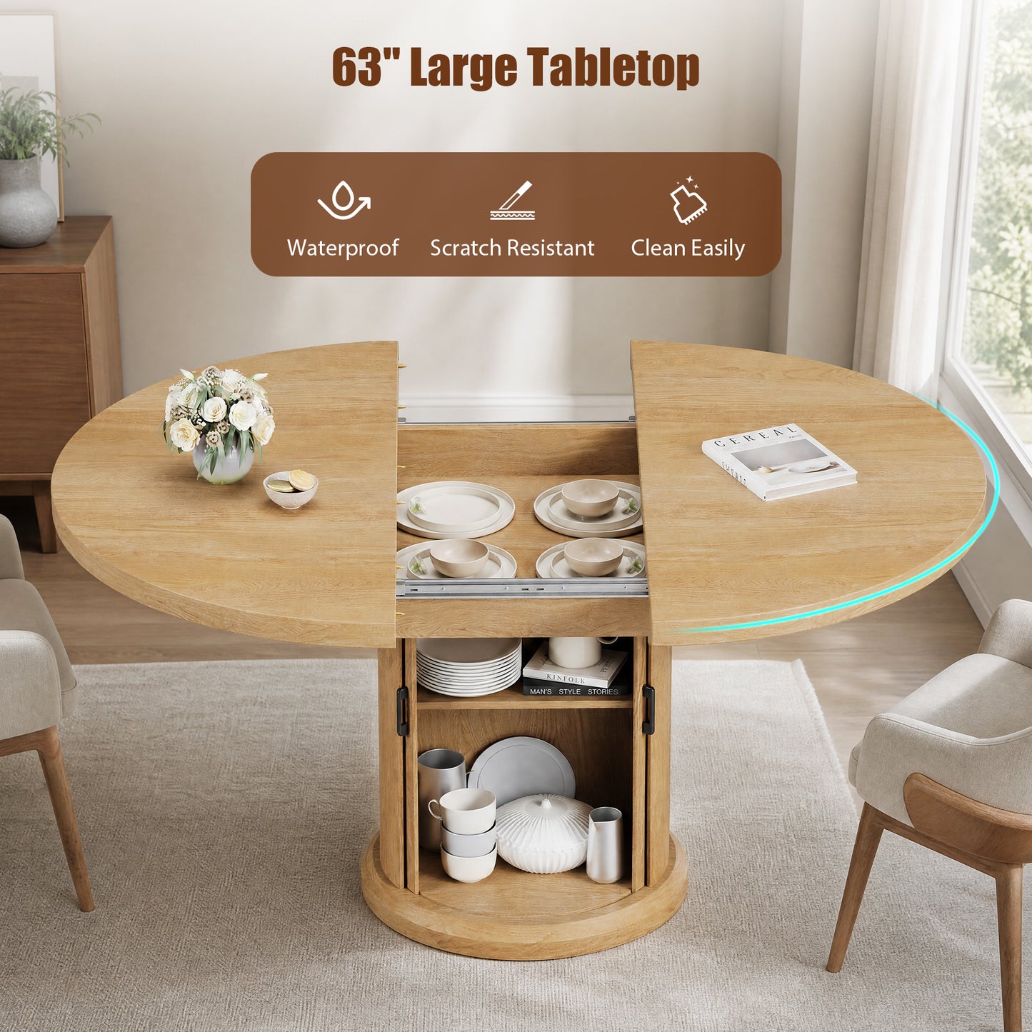 Hijob 47″–63″ Extendable Dining Table with 2 Tier Storage Cabinet - Oval Dining Table Convertible Round Kitchen Table for 4-8 People, Natural