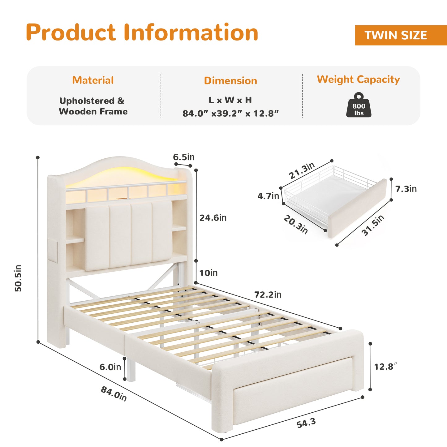 Hijob Beige Velvet Upholstered Platform Twin Size LED Bed Frame with Drawer Adjustable Lighted Headboard for Girls Kid's Bedroom