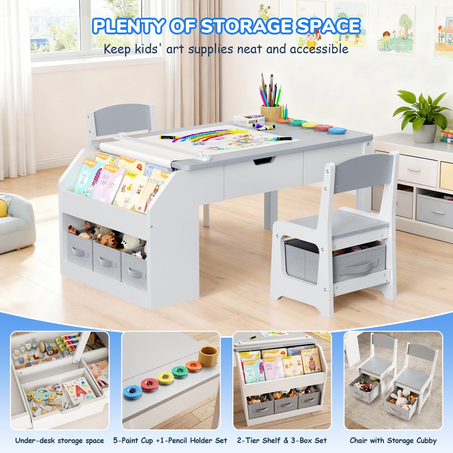 Anyact 5-in-1 Kids Art Table w/Easel, Toddler Craft Table & Chair Set for Drawing with Paper Roll Holder & Storage Drawers, Child Activity Table, Gray