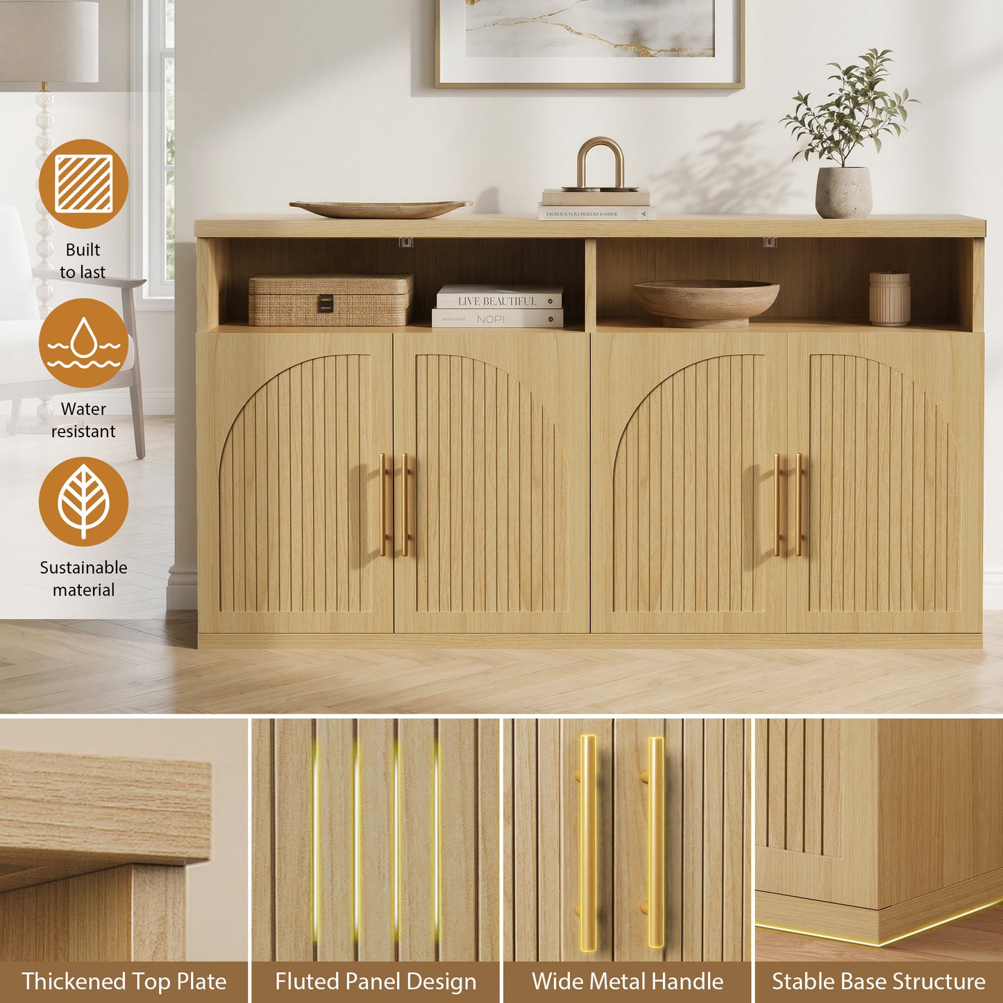 Hijob Modern Fluted Sideboard Cabinet, 63" Width Sideboard with Metal Handle w/Curved Profile Design, Open Shelf Sideboard, Natural Oak