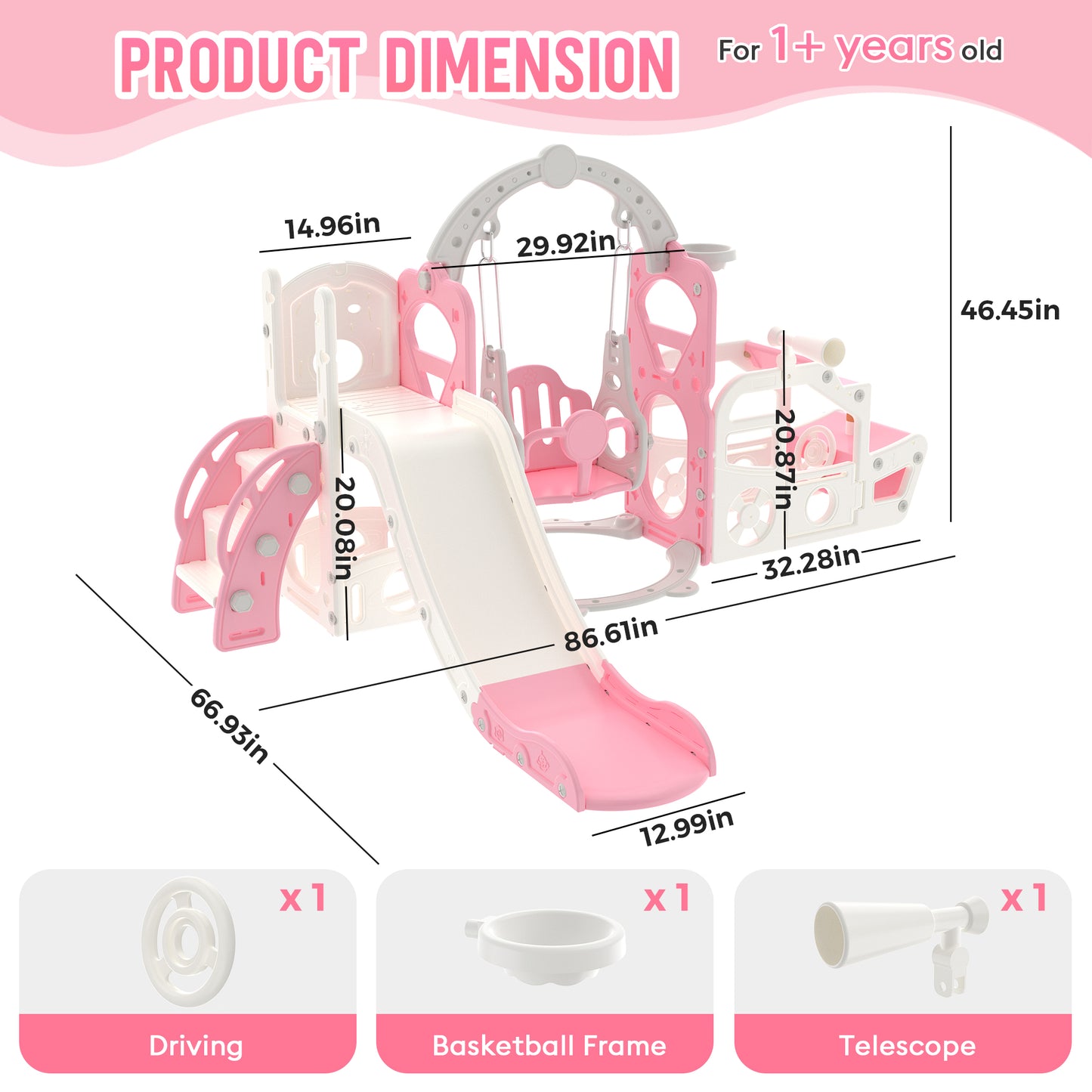 Vipuse 6 in 1 Kid Slide, Indoor and Outdoor Toddler Playground for Girls Age 1-3,Pink