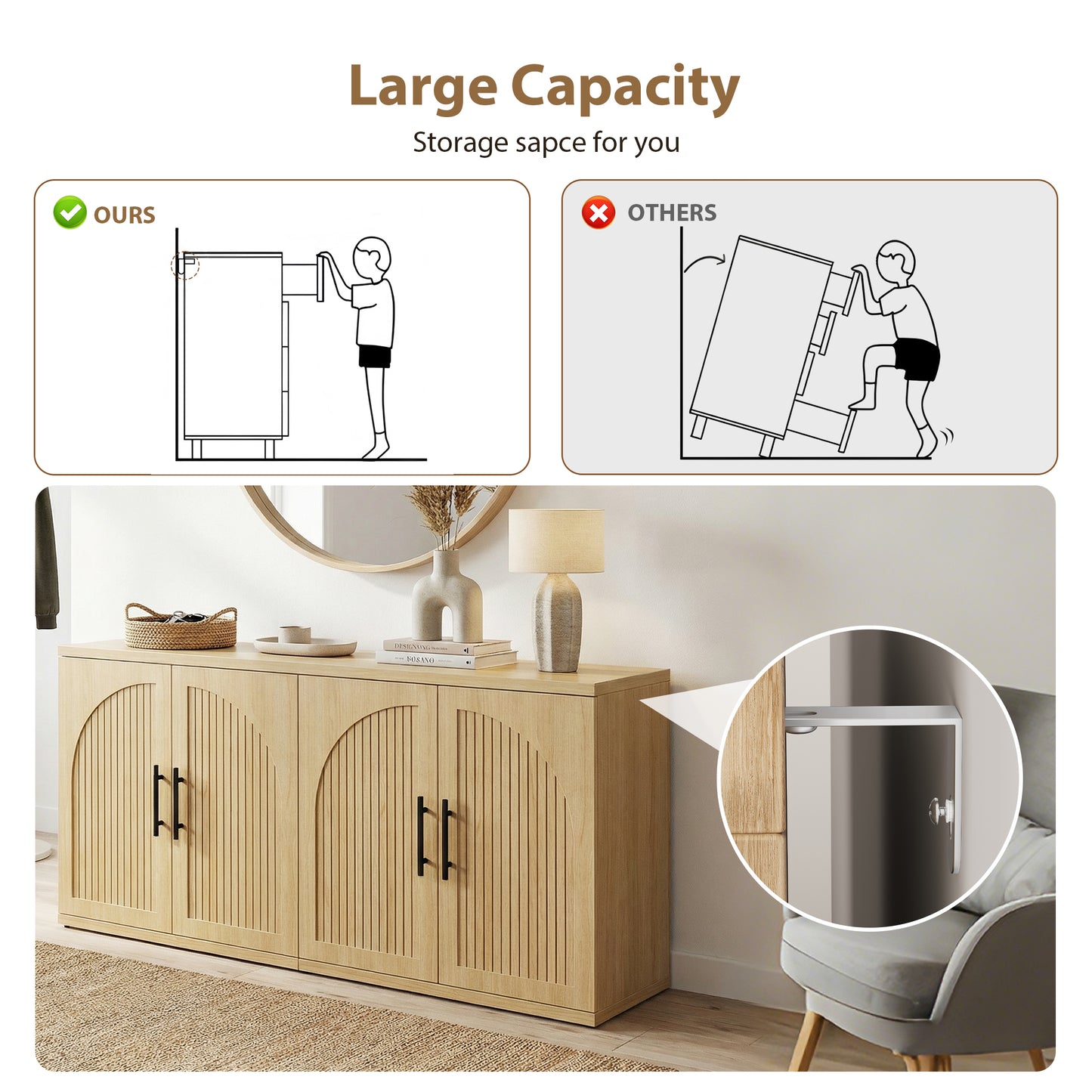 Anyact Modern Fluted Sideboard Cabinet, 63" Long Dressers with Metal Handle w/Curved Profile Design, Wood Mid Century Dresser w/Double-Layered for Living Room, Natural Oak