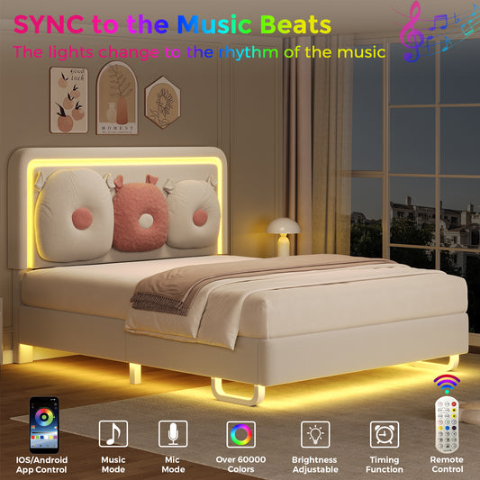 Anyact Full Bed Frame with LED Lights, Height Adjustable Headboard, Floating Platform Bed with Teddy Velvet Removable Pillow for Bedroom, Solid Wood Slats Support, Beige/Pink