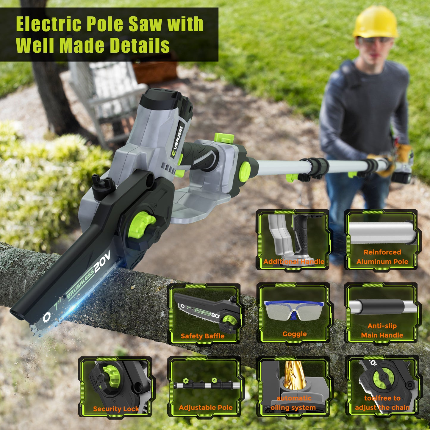 Vipuse 2-in-1 Brushless Cordless 16 FT Max Extension Pole Saws with Two 4.0Ah Rechargeable Batteries and 2.0Ah Fast Charger, 5.5lb Lightweight Auto Oiling 7 Inch Mini Chainsaws for Tree Trimming