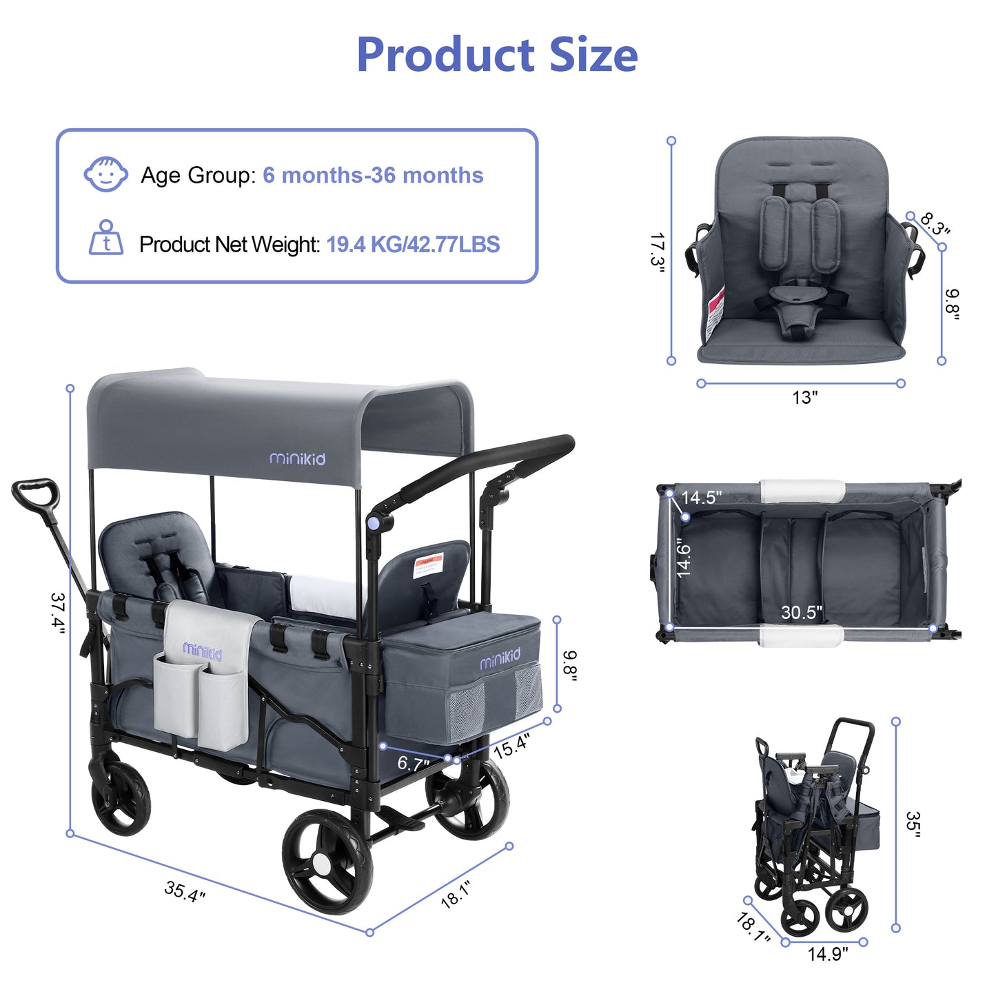 Minikid Stroller Wagon for 2 Kids, Baby Wagon Stroller with Adjustable Handle for Infants and Toddlers Includes Canopy & Organizer, Foldable and Convenient for Storage