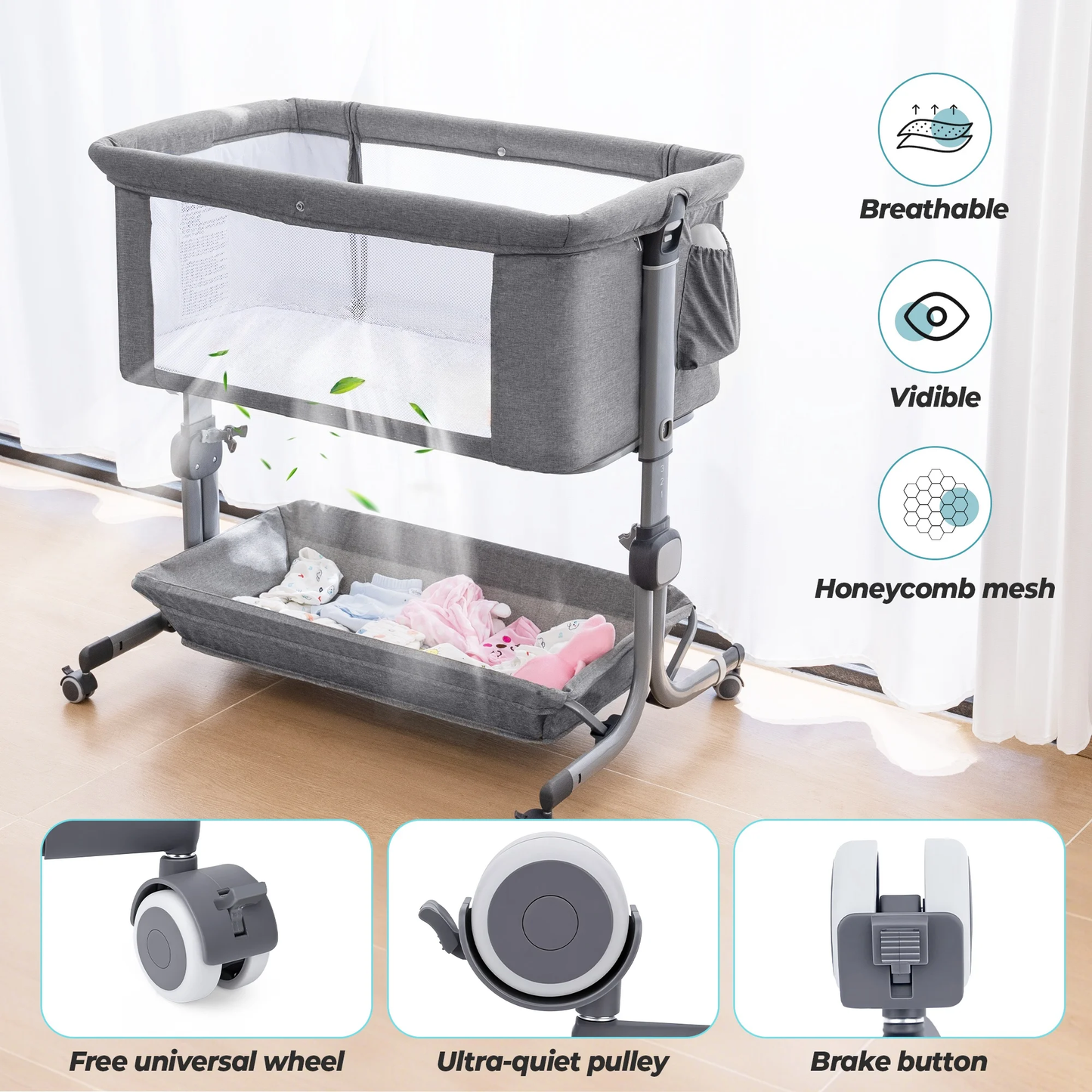 Minikid Portable Baby Bedside Sleeper Bassinet with Waterproof Mattress Pad for Infant Newborn up to 12 Month