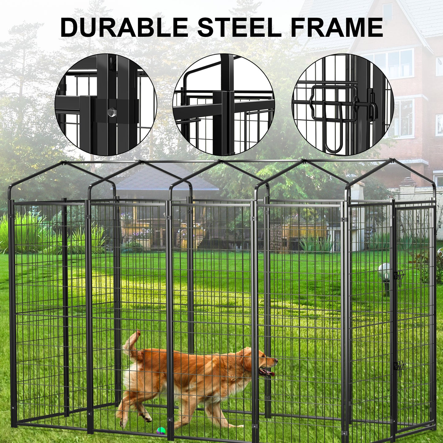 Vipuse 8' x 4' x 6' Large Dog Kennel with UV-Resistant Waterproof Roof, Heavy Duty Metal Dog Cage Crate for Indoor or Outdoor