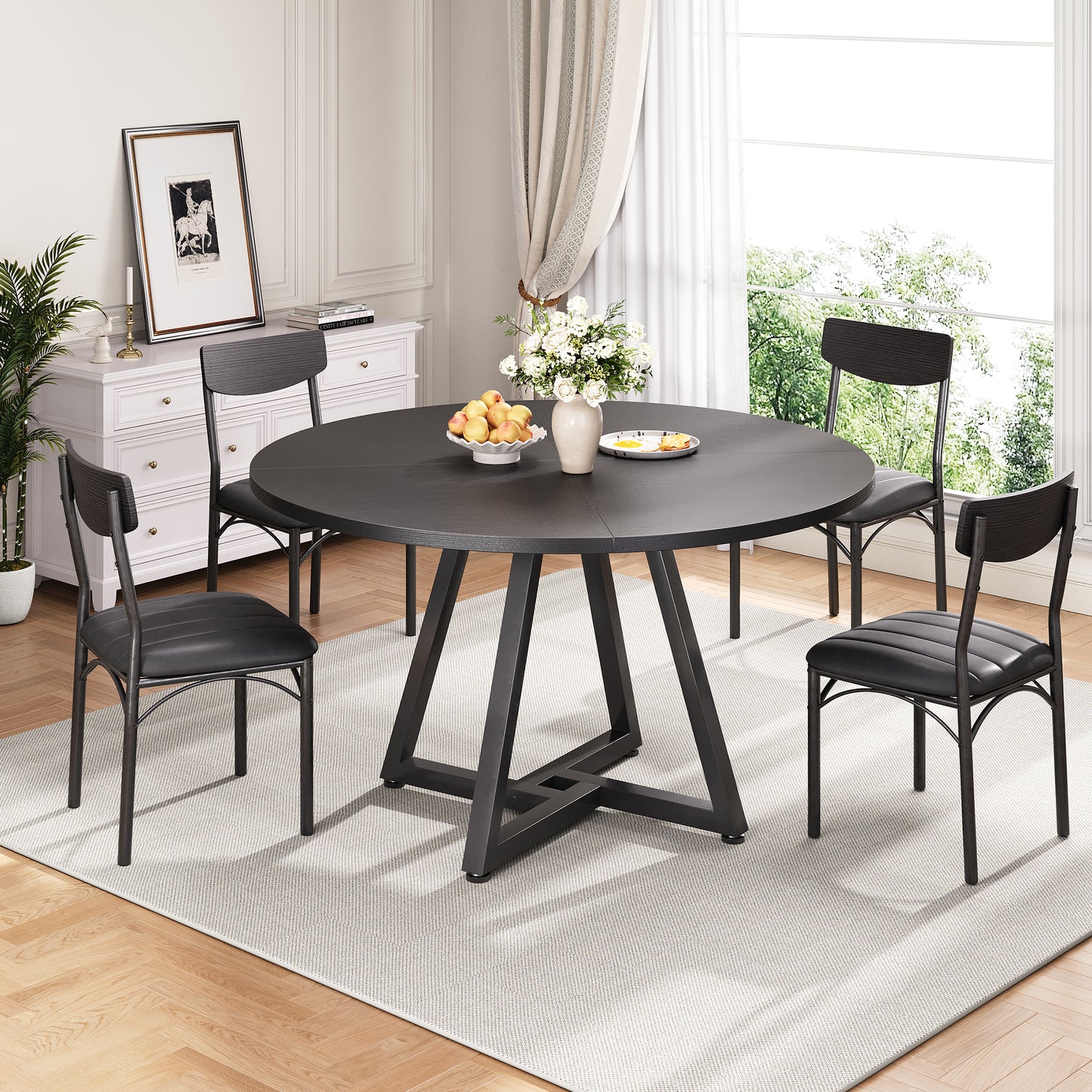 Anyact 51in Round Dining Table, Circle Dinner Table Pedestal Metal Frame, Kitcen Table Sturdy Wood Kitchen & Dining Room Furniture, Black(Only table)