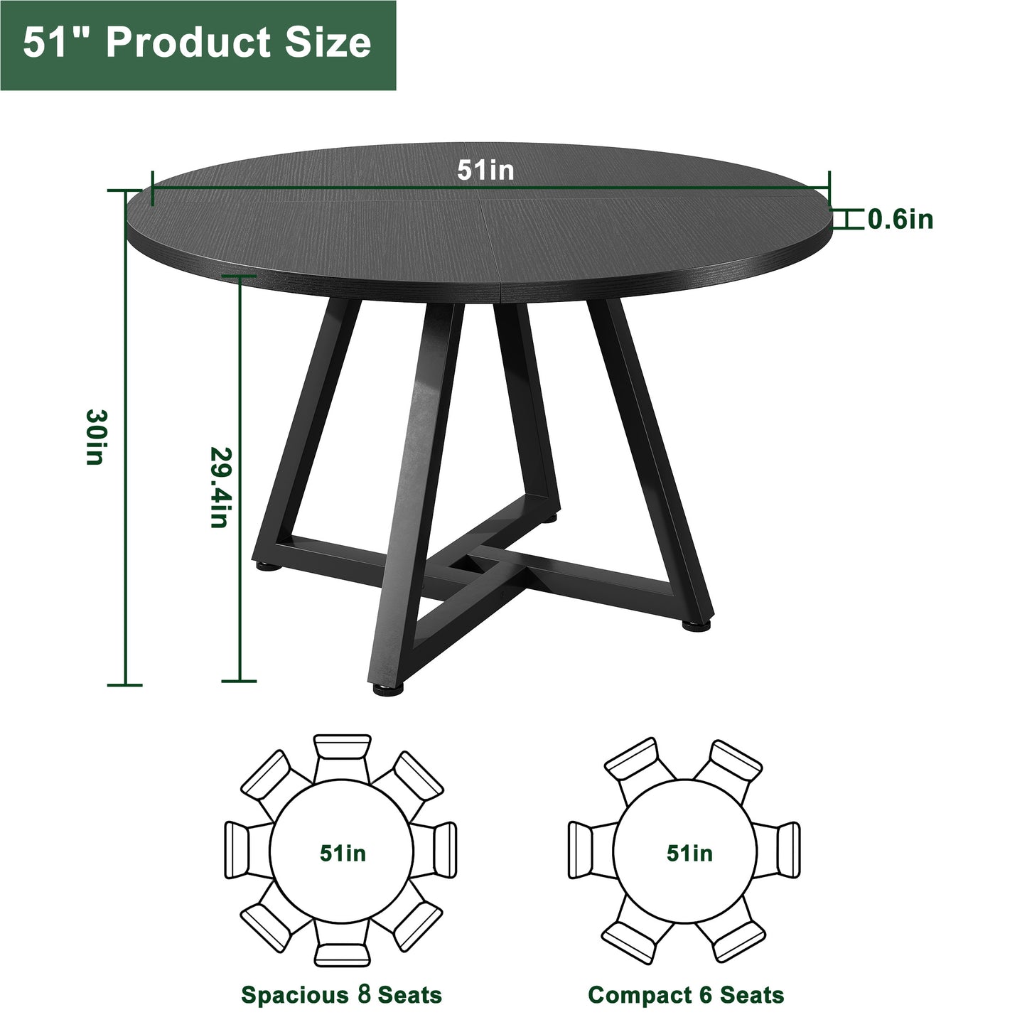 Hijob 51in Round Dining Table for 6-8 Persons, Circle Dinner Table Pedestal Metal Frame, Kitcen Table Sturdy Wood Kitchen & Dining Room Furniture, Black(Only table)