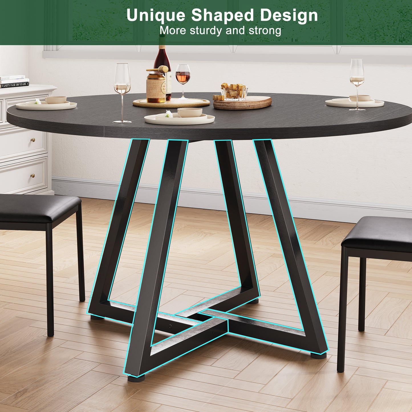 Hijob 51in Round Dining Table for 6-8 Persons, Circle Dinner Table Pedestal Metal Frame, Kitcen Table Sturdy Wood Kitchen & Dining Room Furniture, Black(Only table)