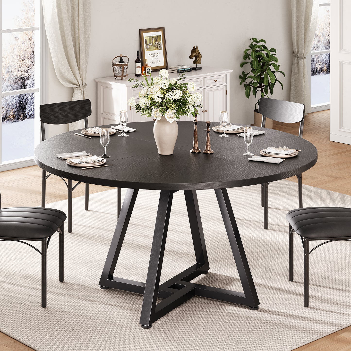 Anyact 51in Round Dining Table, Circle Dinner Table Pedestal Metal Frame, Kitcen Table Sturdy Wood Kitchen & Dining Room Furniture, Black(Only table)