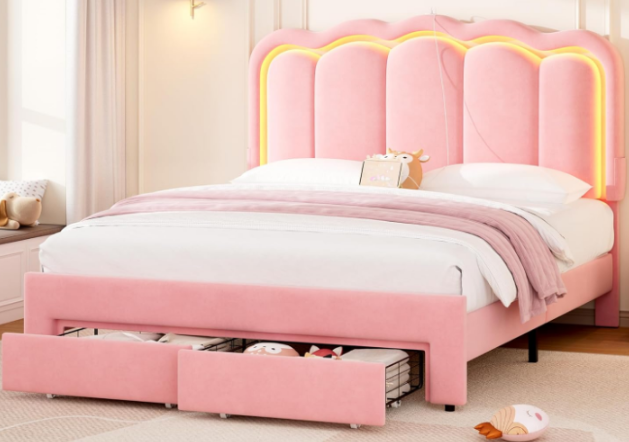 Hijob Full Size LED Bed Frame with Storage Drawers, Velvet Upholstered Platform Bed with Adjustable Headboard, No Box Spring Needed, Pink