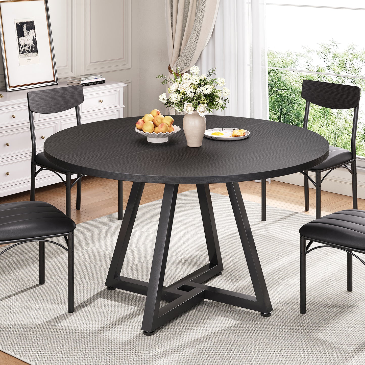 Anyact 42in Round Dining Table for 4, Circle Dinner Table Pedestal Metal Frame, Kitcen Table Sturdy Wood Kitchen & Dining Room Furniture, Black(Only Table)