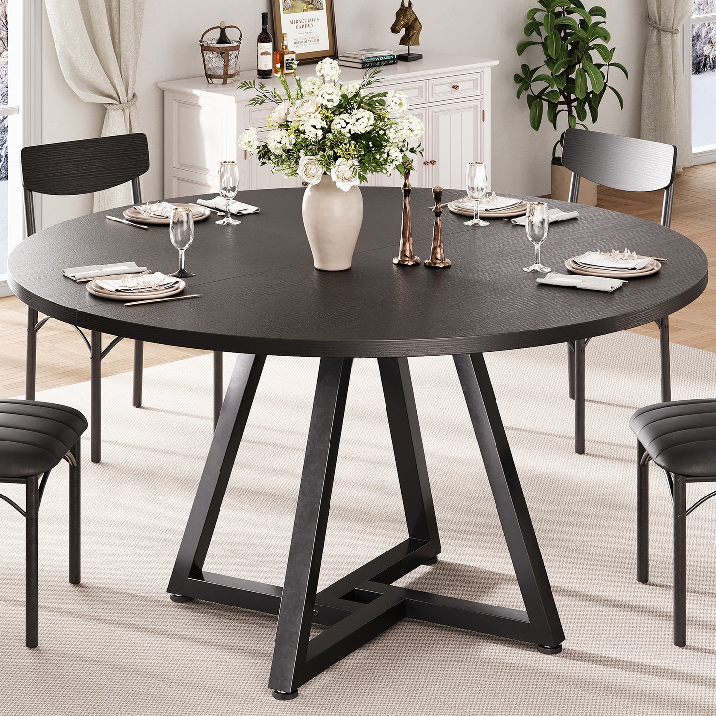 Hijob 47in Round Dining Table, Circle Dinner Table Pedestal Metal Frame, Kitcen Table Sturdy Wood Kitchen & Dining Room Furniture, Black(Only Table)