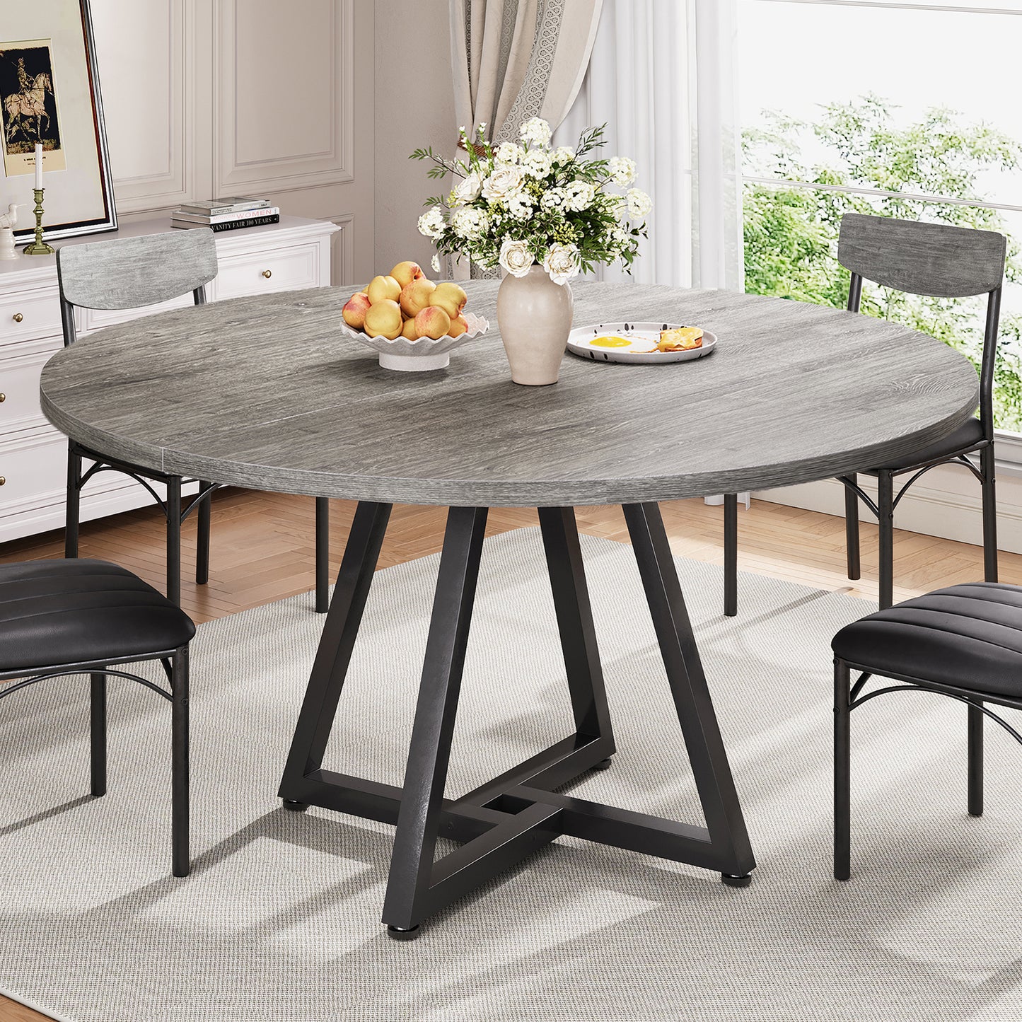 Hijob 47in Round Dining Table for 4, Kitchen Dining Room Circle Dinner Pedestal Table,Kitcen Table Sturdy Wood Kitchen & Dining Room Furniture, Gray(Only Table)