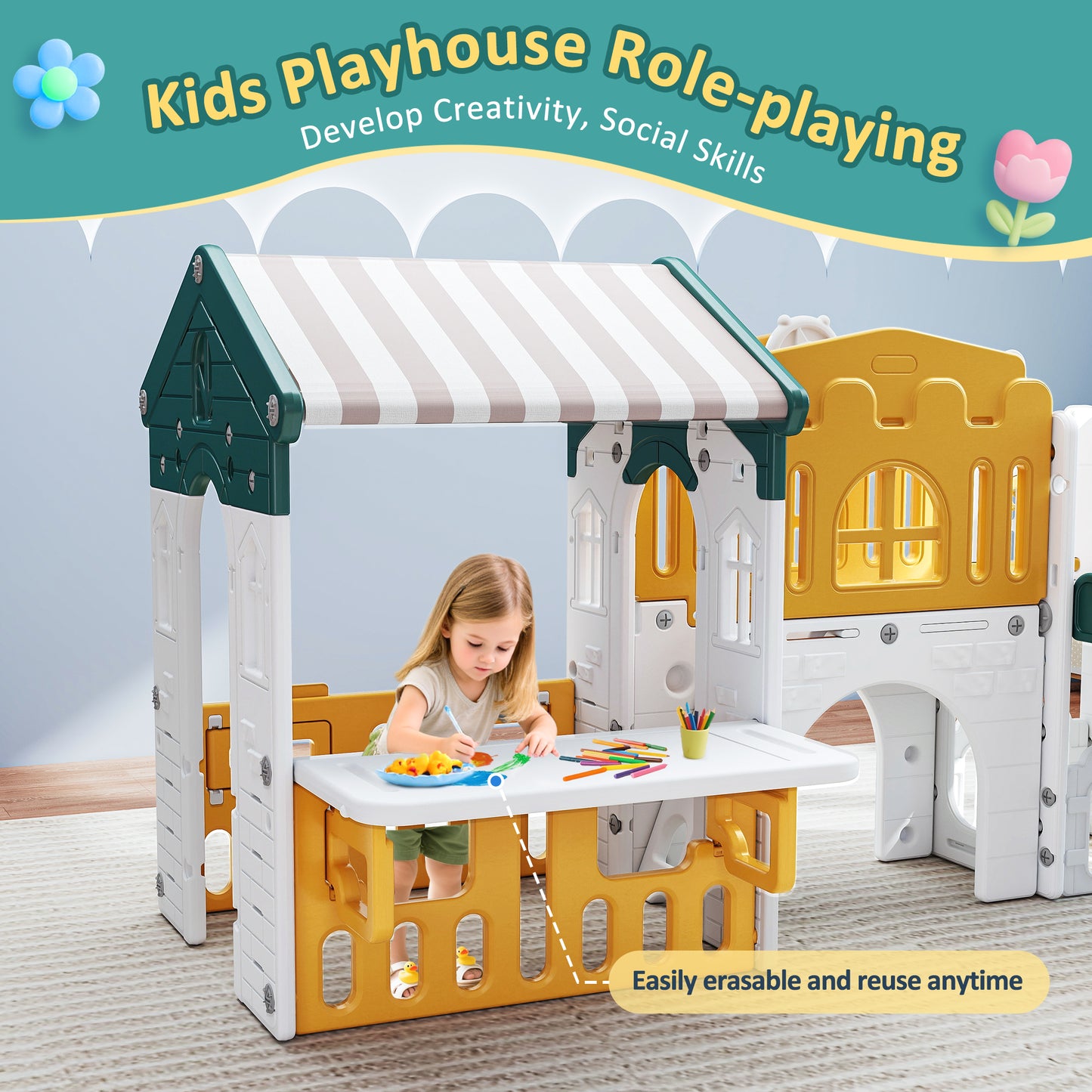 Vipuse Playhouse Playsets with Slide, 9 in 1 Playground Toddler Slide for Indoor Outdoor Backyard,Yellow & Green
