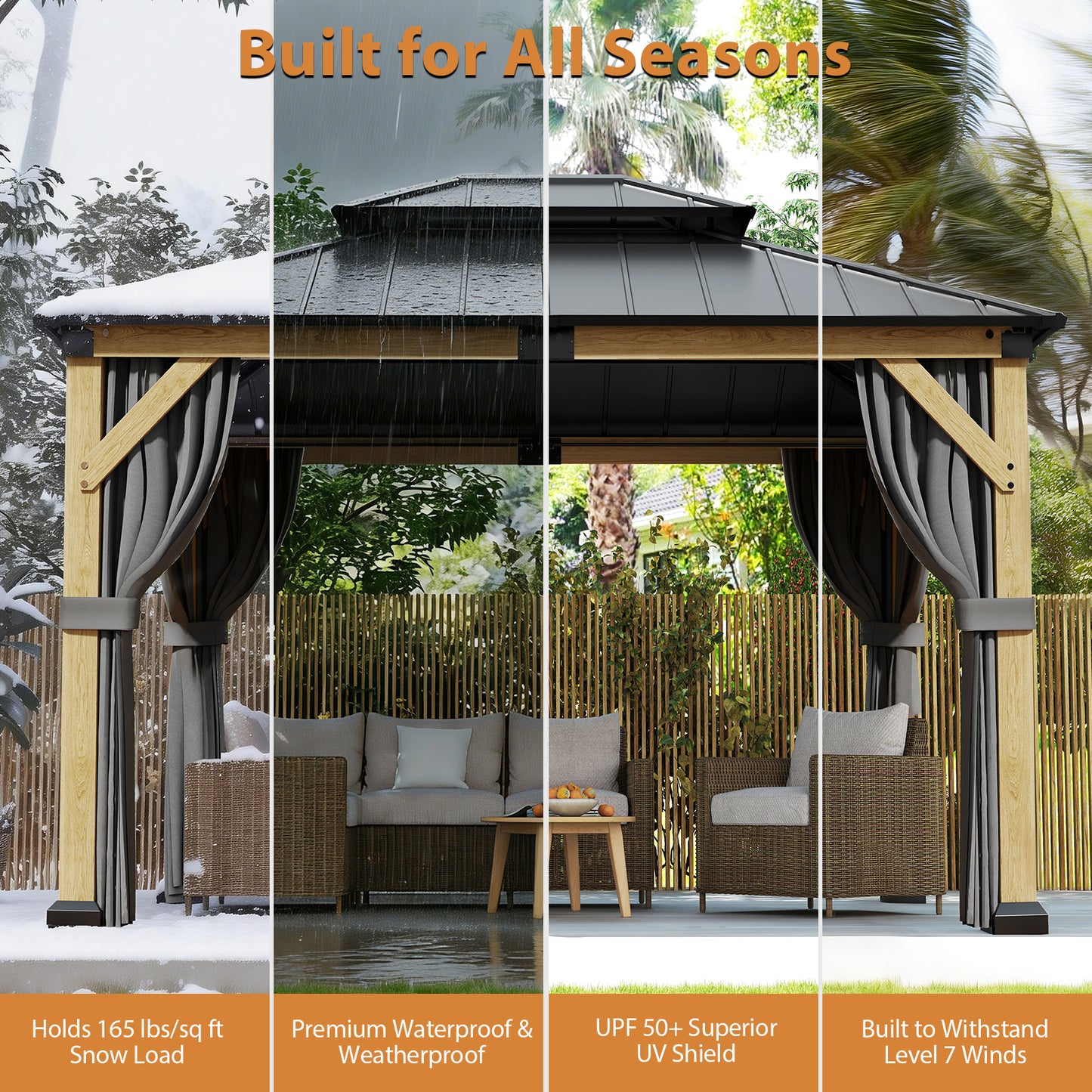 Cocosity  12FT(L) x 10FT(W) x 9.5FT(H) Outdoor Hardtop Wood Gazebo with Netting & Curtains, All-Weather Permanent Wooden Pavilion with Double Metal Roof for Patio, Backyard, Deck, and Lawn