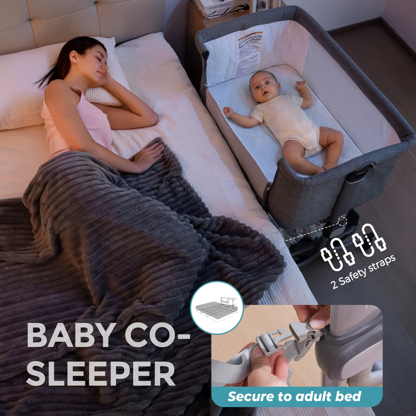 Minikid Portable Baby Bedside Sleeper Bassinet with Waterproof Mattress Pad for Infant Newborn up to 12 Month