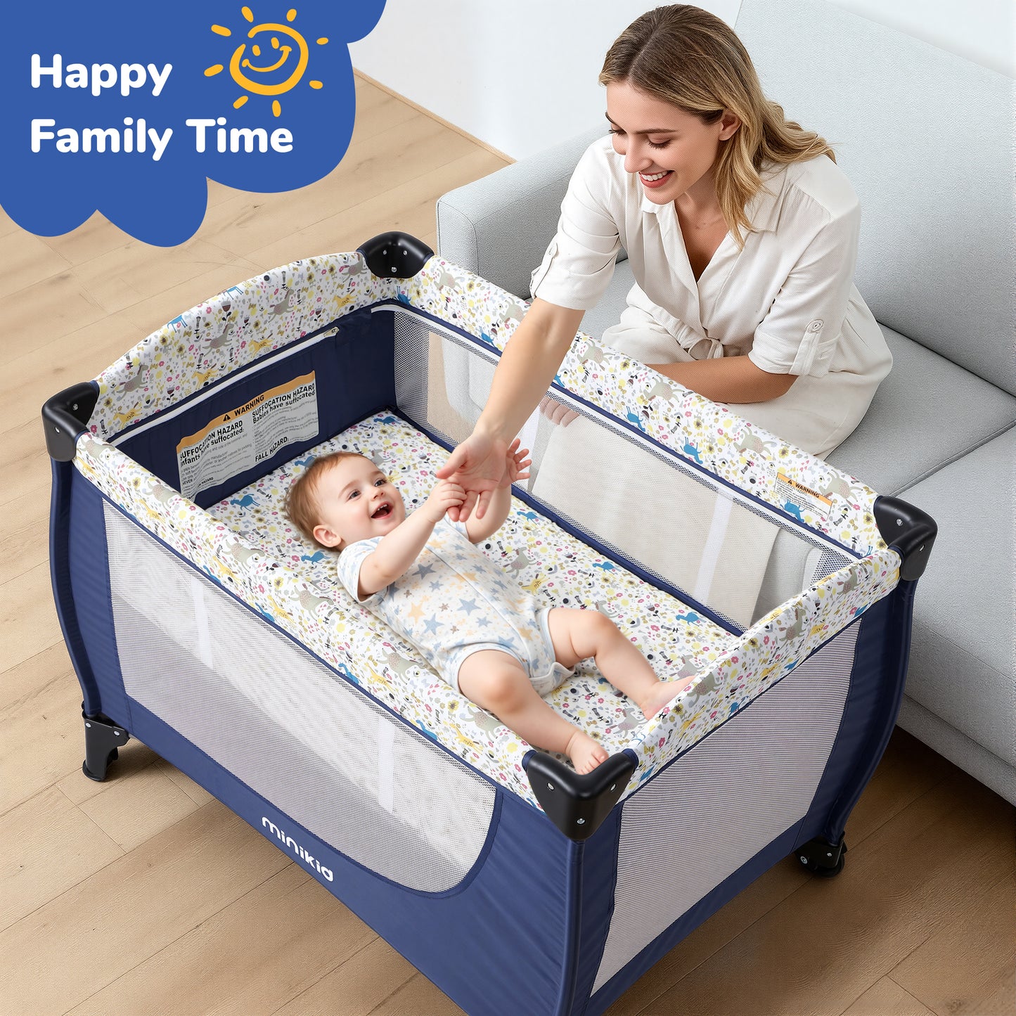 Minikid Baby Playard with Bassinet,Unisex Playpen Include Music Box and Hanging Toys,Portable Crib for Newborn to Toddlers,Blue