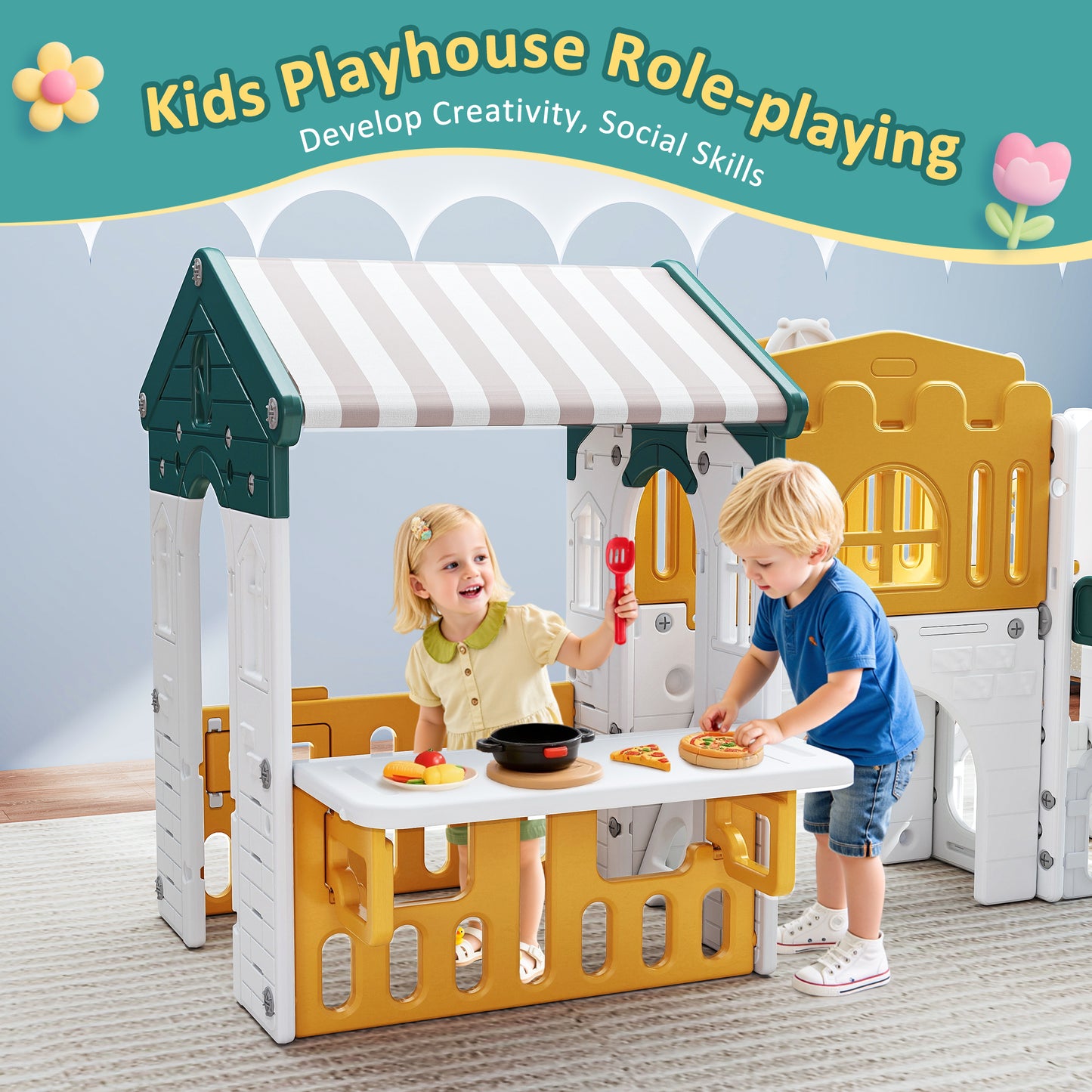 Vipuse Playhouse Playsets with Slide, 9 in 1 Playground Toddler Slide for Indoor Outdoor Backyard,Yellow & Green
