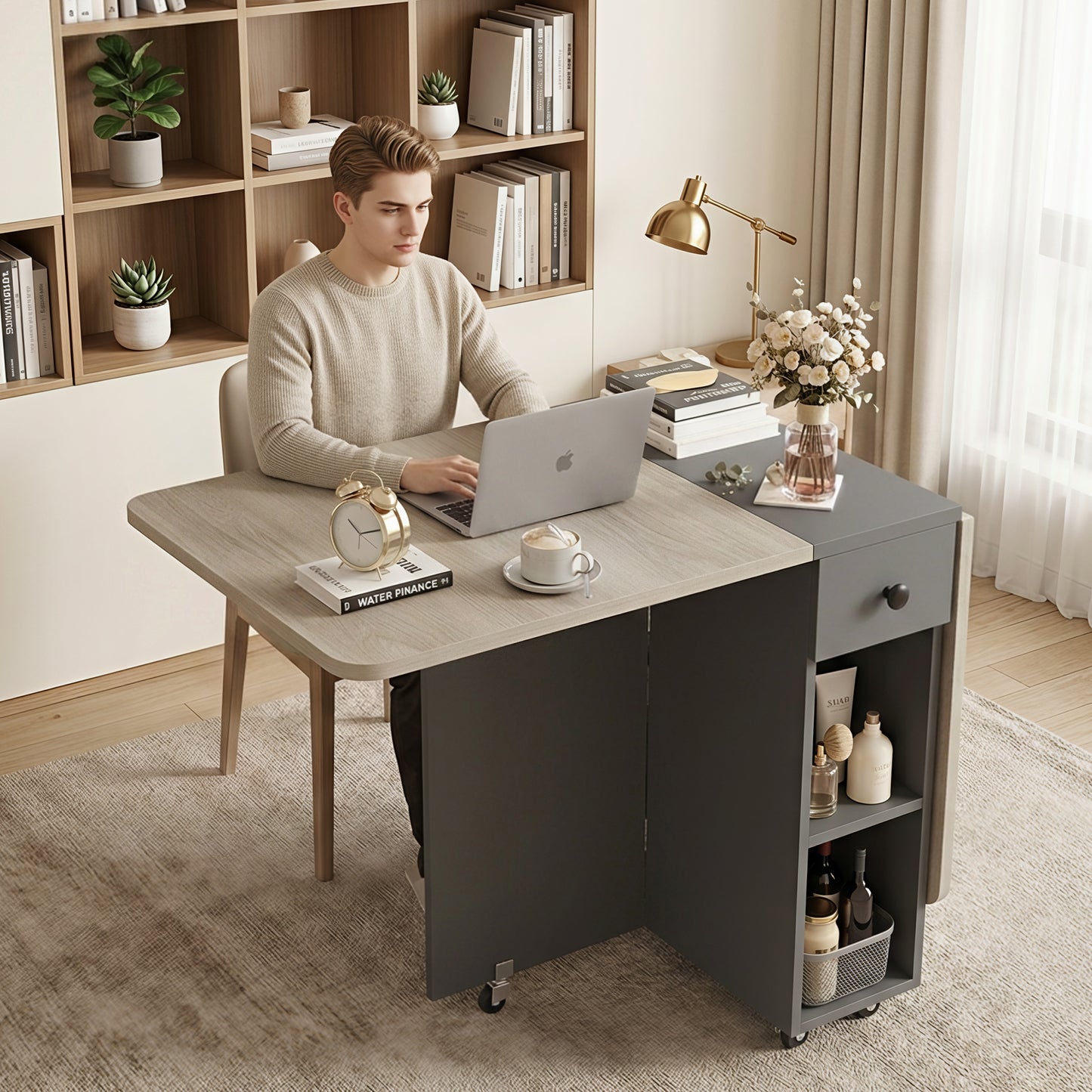 Hijob Folding Dining Table for 4, Drop Leaf Dining Table with 6 Wheels and 2-Layer Storage Shelf, Space Saving Kitchen Table for Small Spaces, Apartment, Grey Carlo Oak + Matte Black