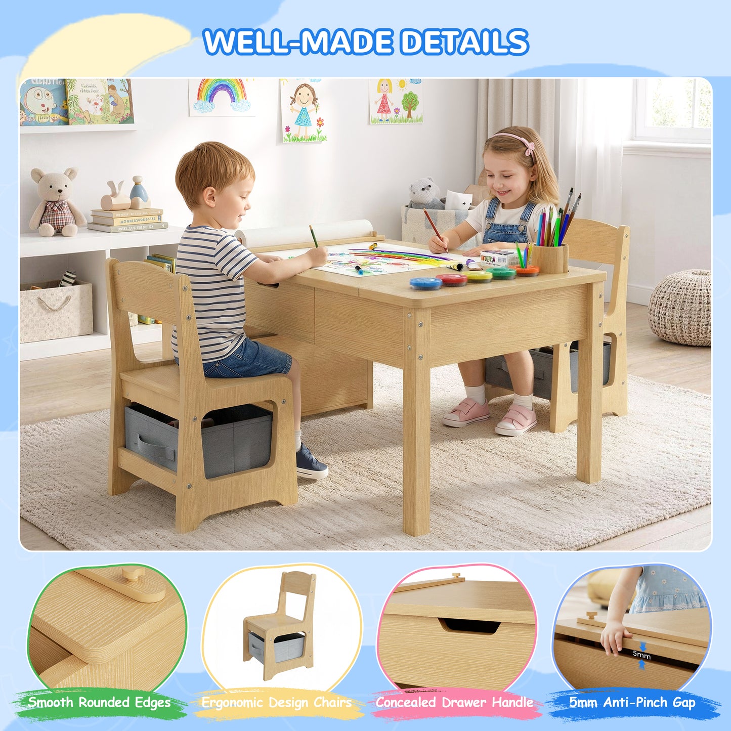 Hijob 5-in-1 Kids Art Table & Chair Set – Convertible Easel with Paper Roll Holder, Storage Drawers & Foldable Craft Desk, Toddler Activity Learning Center for Playroom, Natural Wood