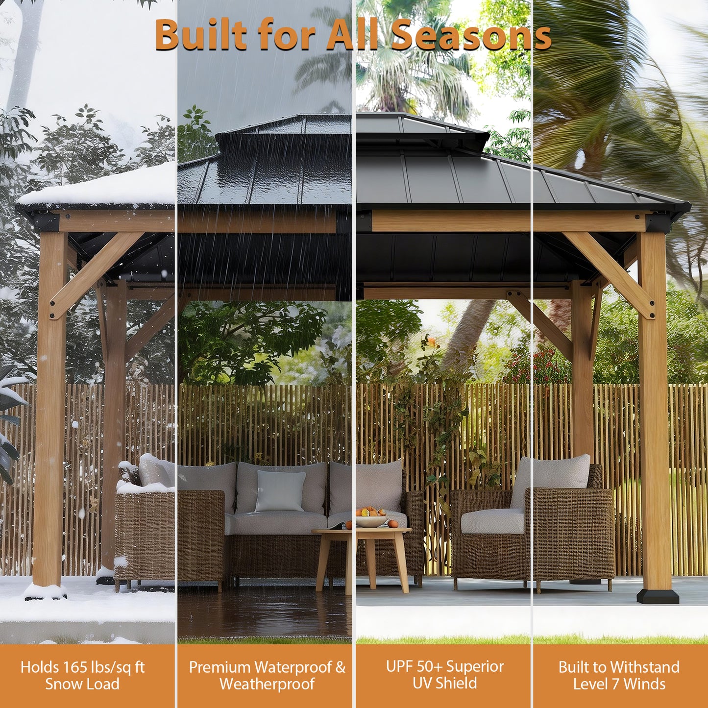 Cocosity 12FT(L) x 10FT(W) x 9.5FT(H) Outdoor Wood Gazebo, Hardtop Gazebo Permanent Wooden Pavilion with Galvanized Steel Double, Roof Snow Support for Patio, Garden, Deck, Cedar Wood