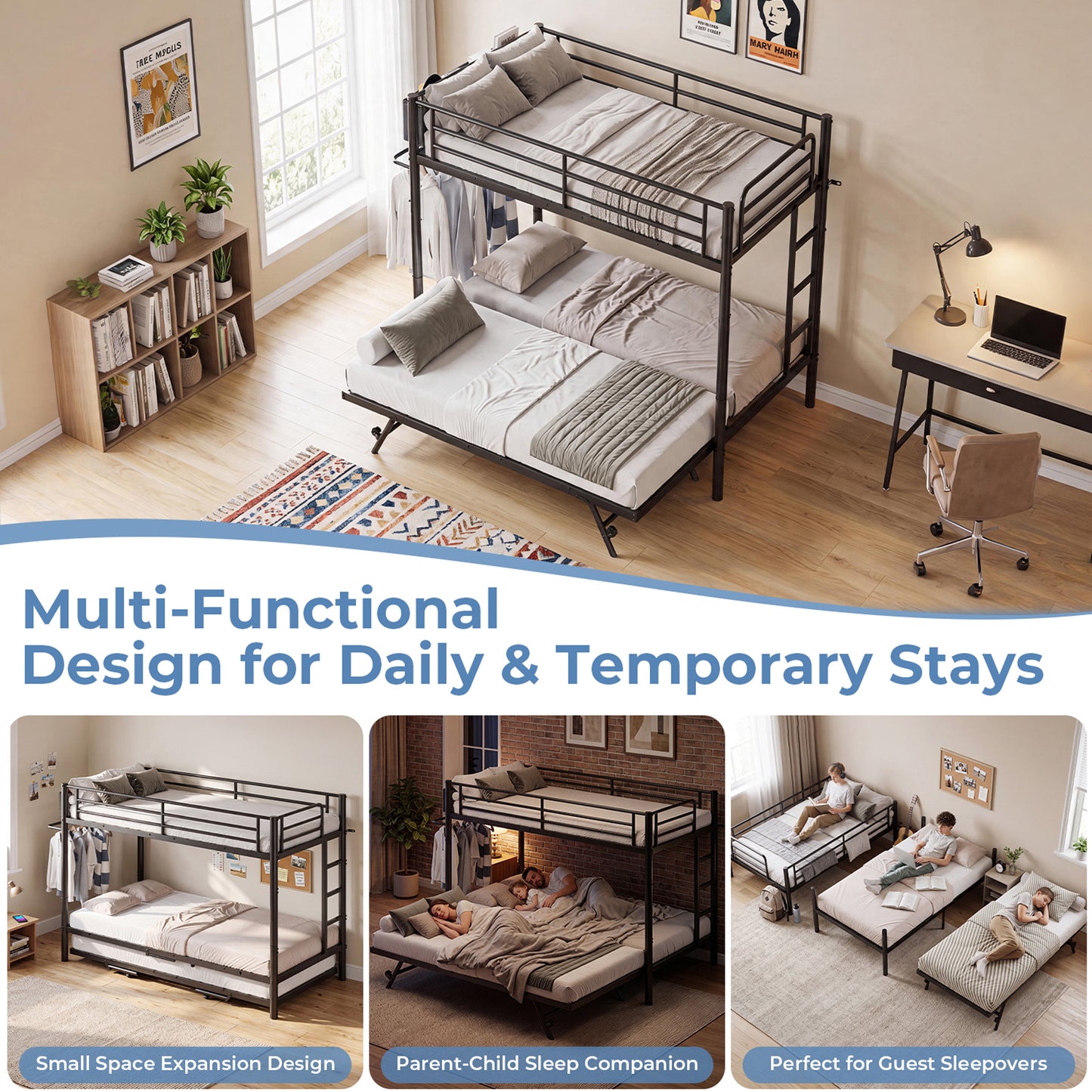 HiJob Triple Bunk Bed Frame with Trundle, Heavy Duty Twin Over Twin Metal Bunk Bed Converts to King with Storage Shelf