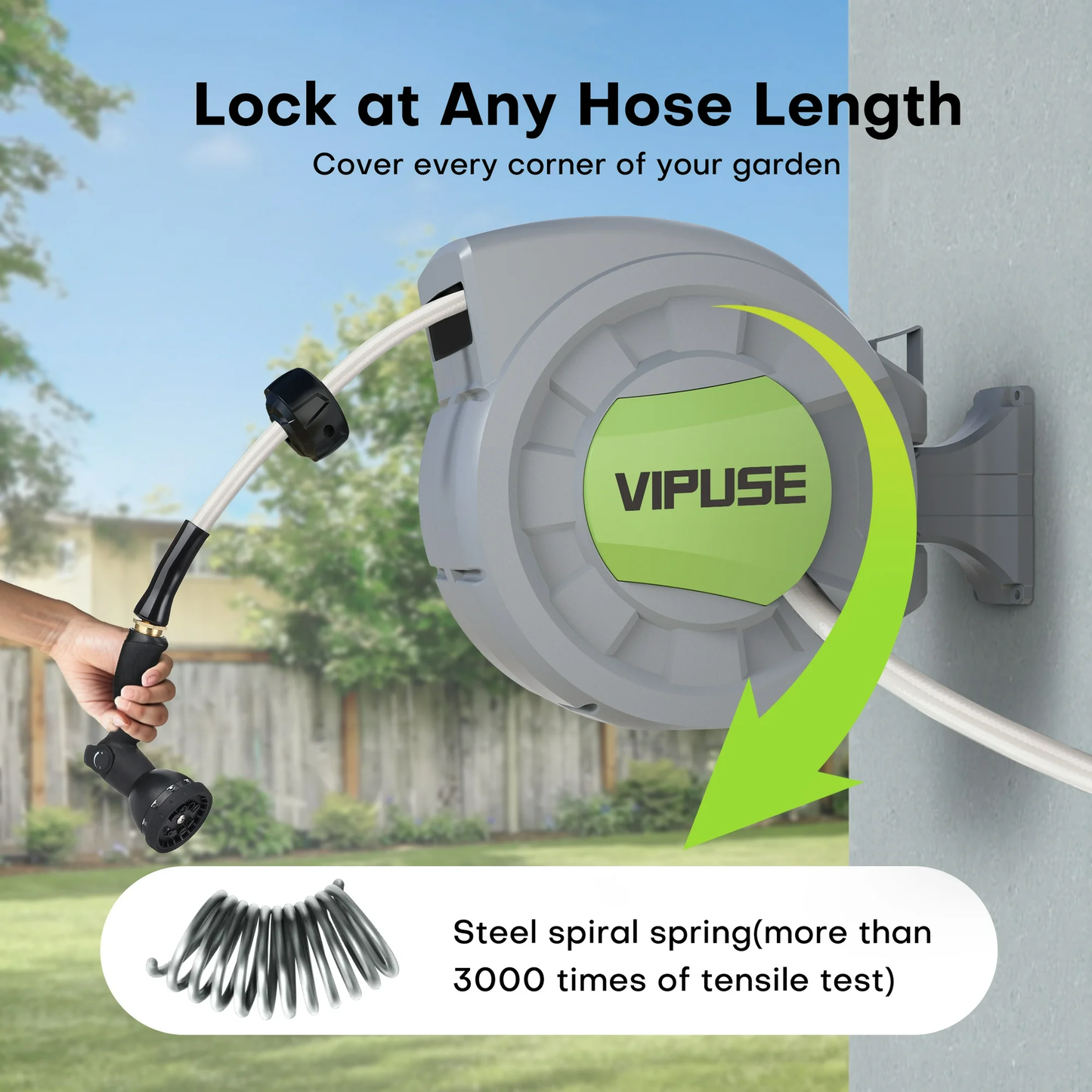 Vipuse Retractable Garden Hose Reel, 1/2 Inch x 100 ft Wall Mounted Garden Hose Reel, with 10 Pattern Nozzle, Any Length Lock, Slow Return System, 180° Swivel Bracket