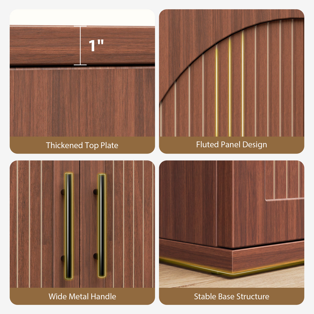 Hijob 63" Width Sideboard with Arched Grooved 4 Doors, Buffet Cabinet Adjustable Shelves for Entryway, Living Room and Dining Room, Walnut